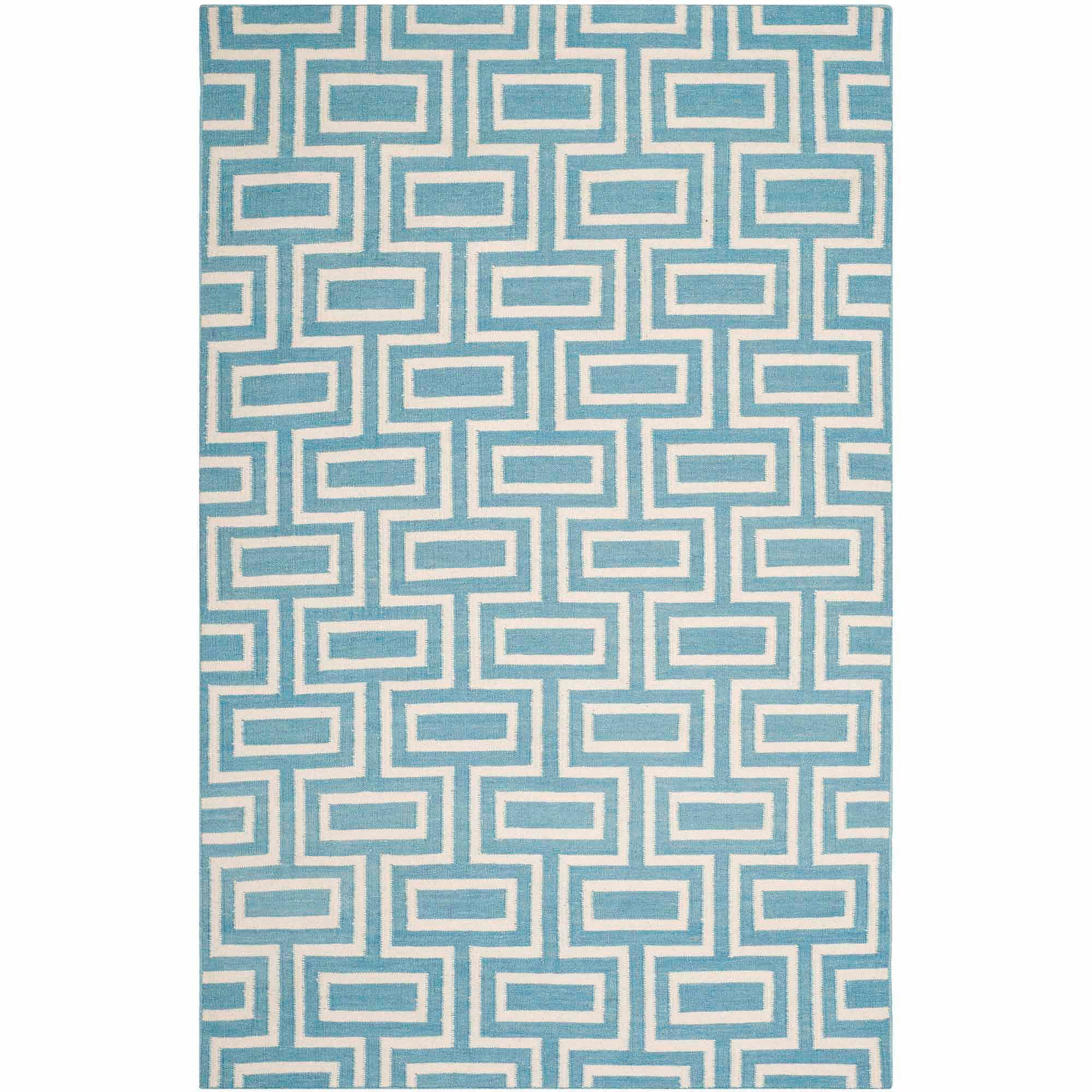 SAFAVIEH Dhurrie Abigail Geometric Moroccan Wool Area Rug, Light Blue/Ivory, 6' x 9'