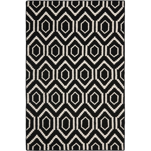 SAFAVIEH Dhurrie Bianca Geometric Hexagons Wool Area Rug, Black/Ivory, 8' x 10'