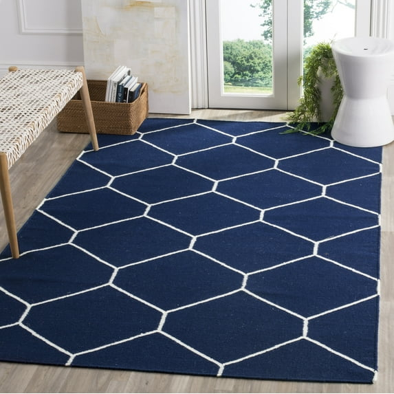SAFAVIEH Dhurrie Solomon Geometric Moroccan Wool Area Rug, Navy/Ivory, 4' x 6'