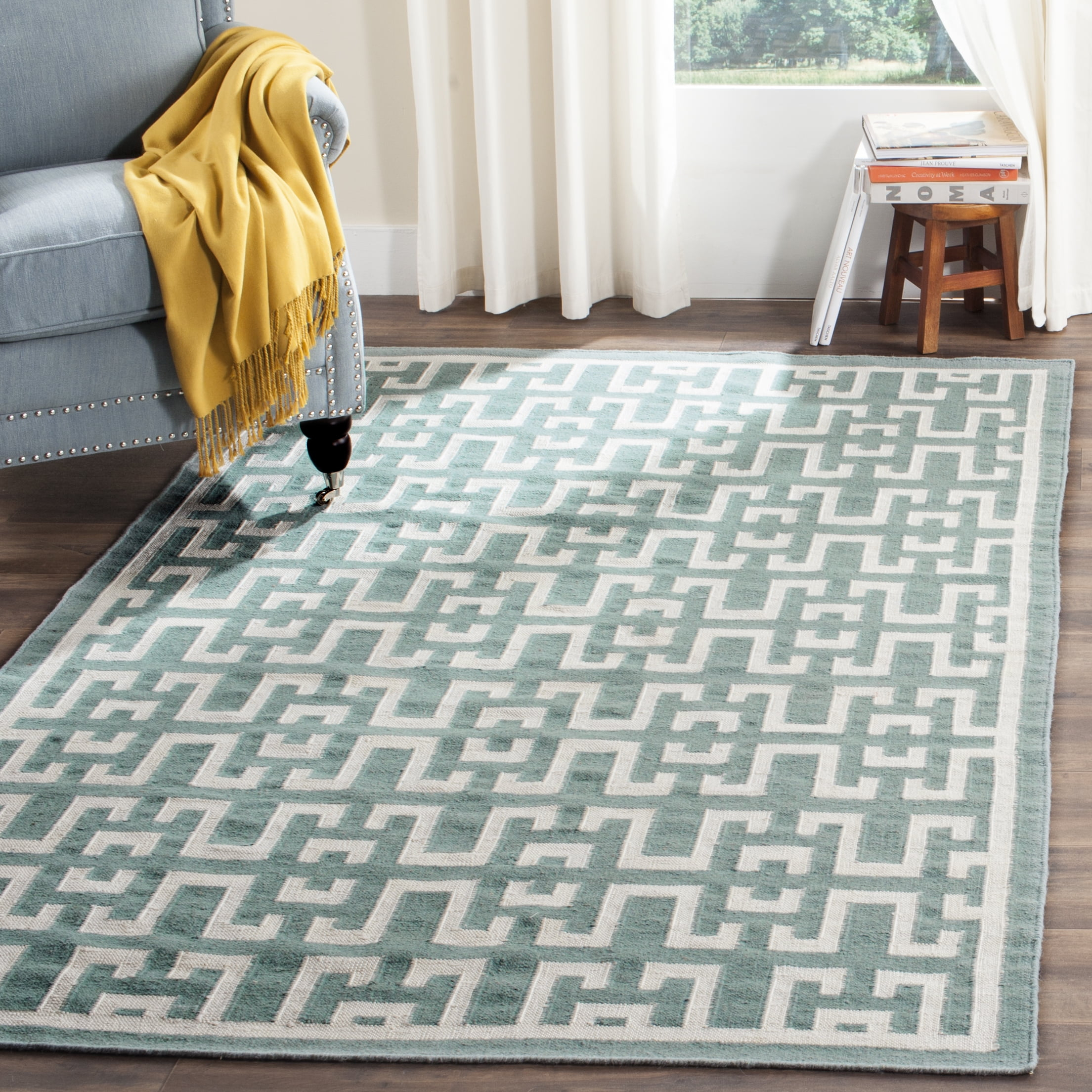 SAFAVIEH Dhurrie Waverly Geometric Moroccan Wool Area Rug, Seafoam/Ivory, 9' x 12'
