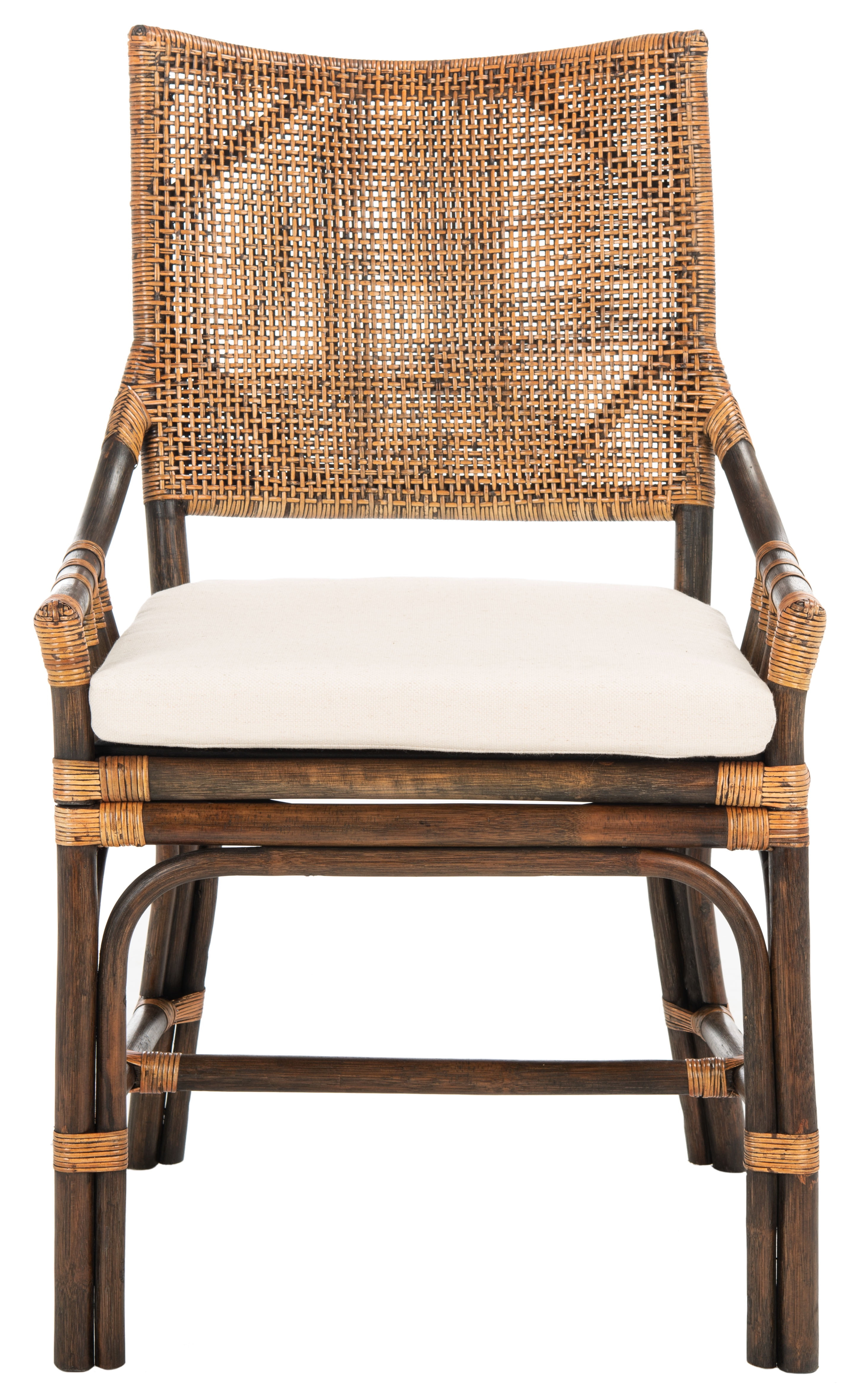 SAFAVIEH Donatella Rattan Chairs, Natural Wash/Black Legs/White Cushion (22 in. W x 24 in. D x 37 in. H)