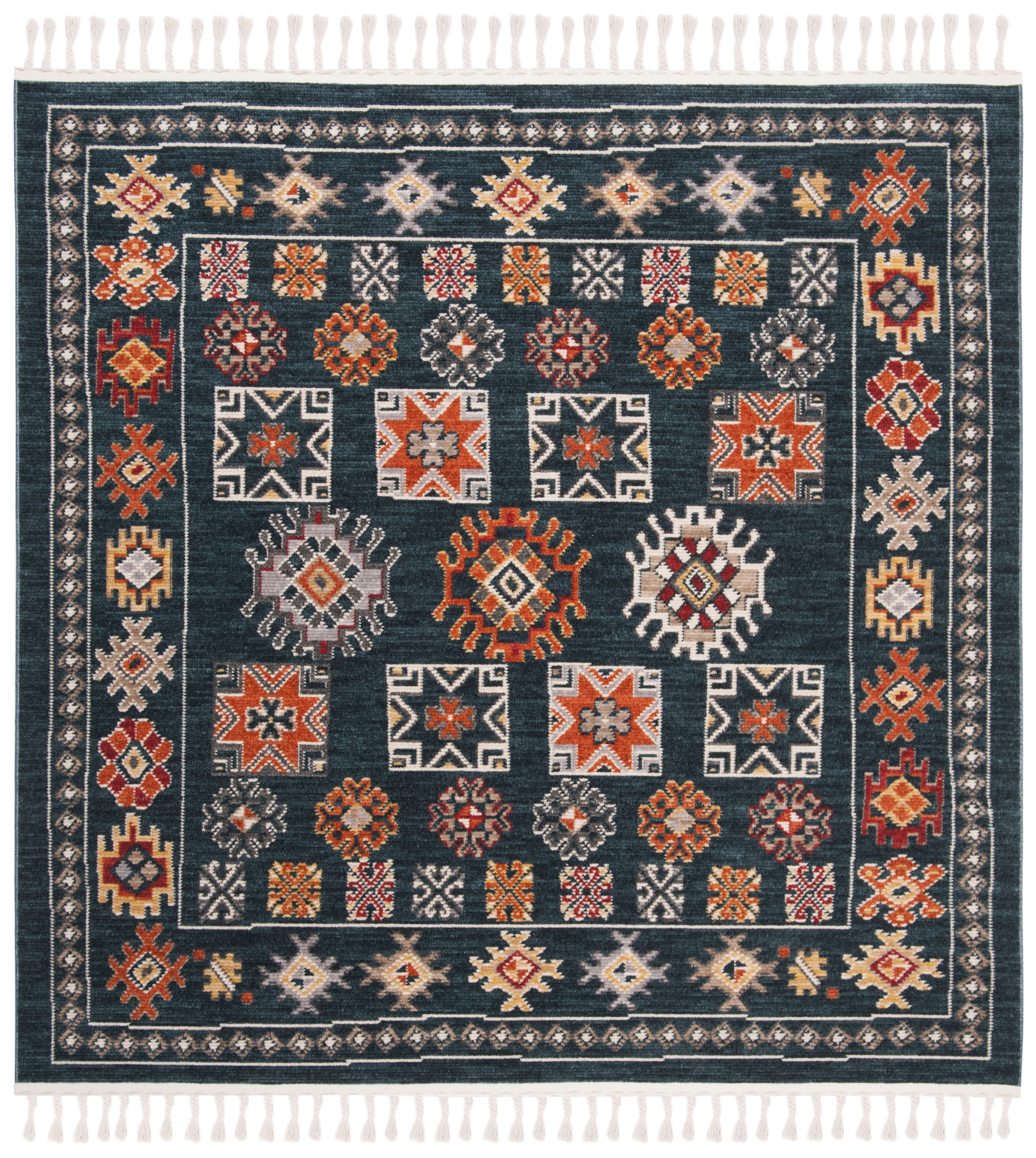 SAFAVIEH Farmhouse Medici Southwestern Area Rug, Navy/Orange, 6'3" x 6'3" Square