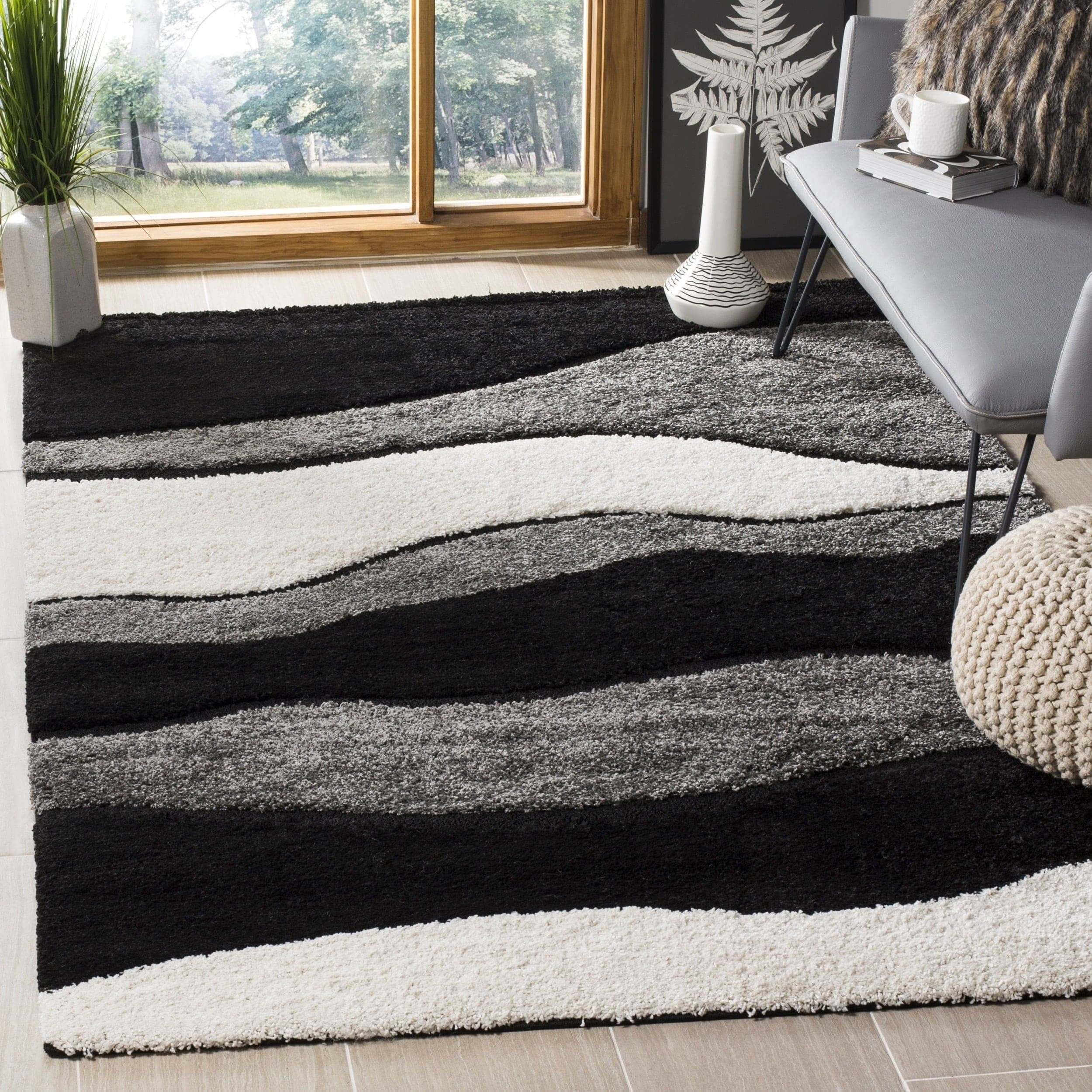 SAFAVIEH Florida Tyler Geometric Waves Shag Area Rug, Ivory/Grey, 8' x 10'
