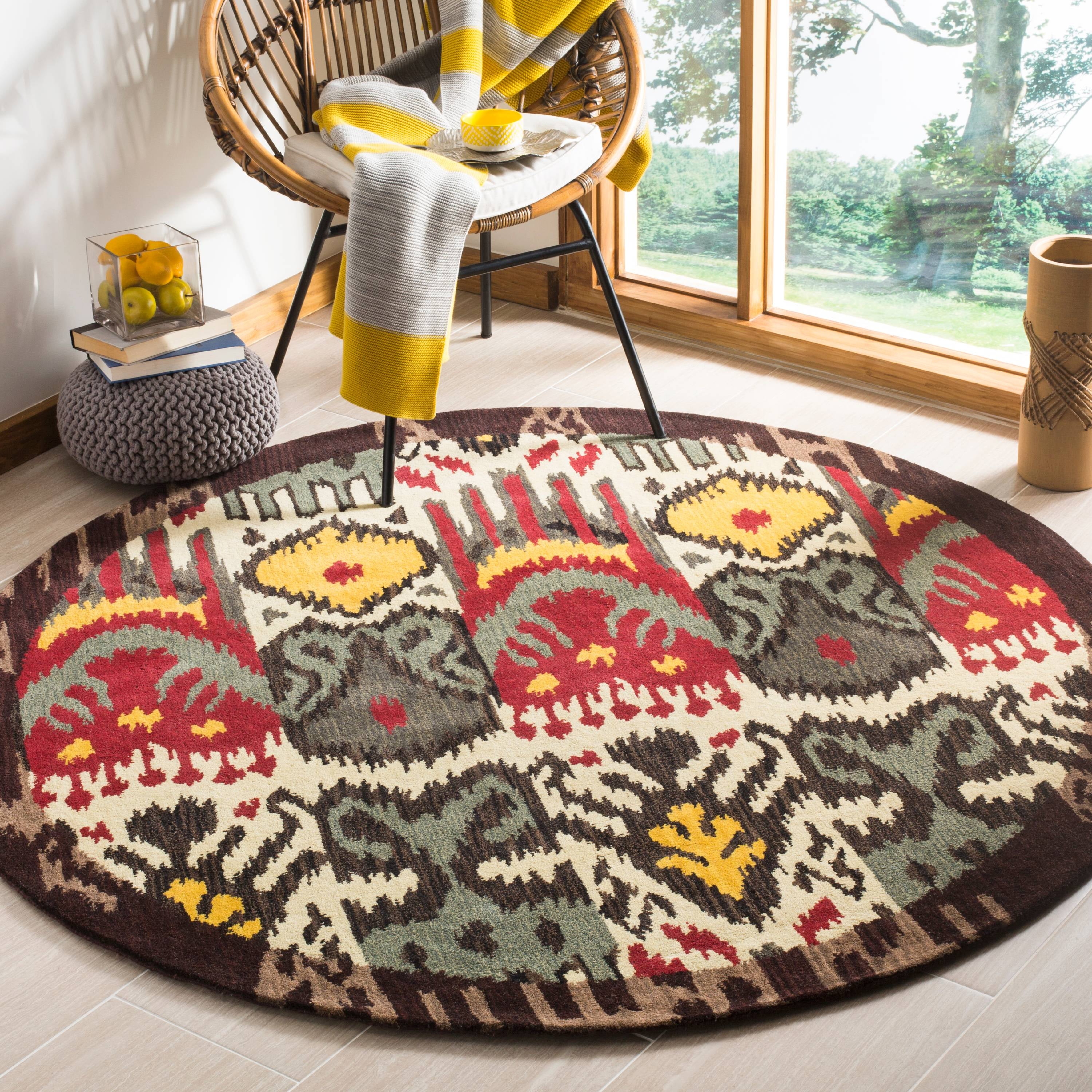SAFAVIEH Ikat Anderson Southwestern Wool Area Rug, Cream/Brown, 6' x 6' Round