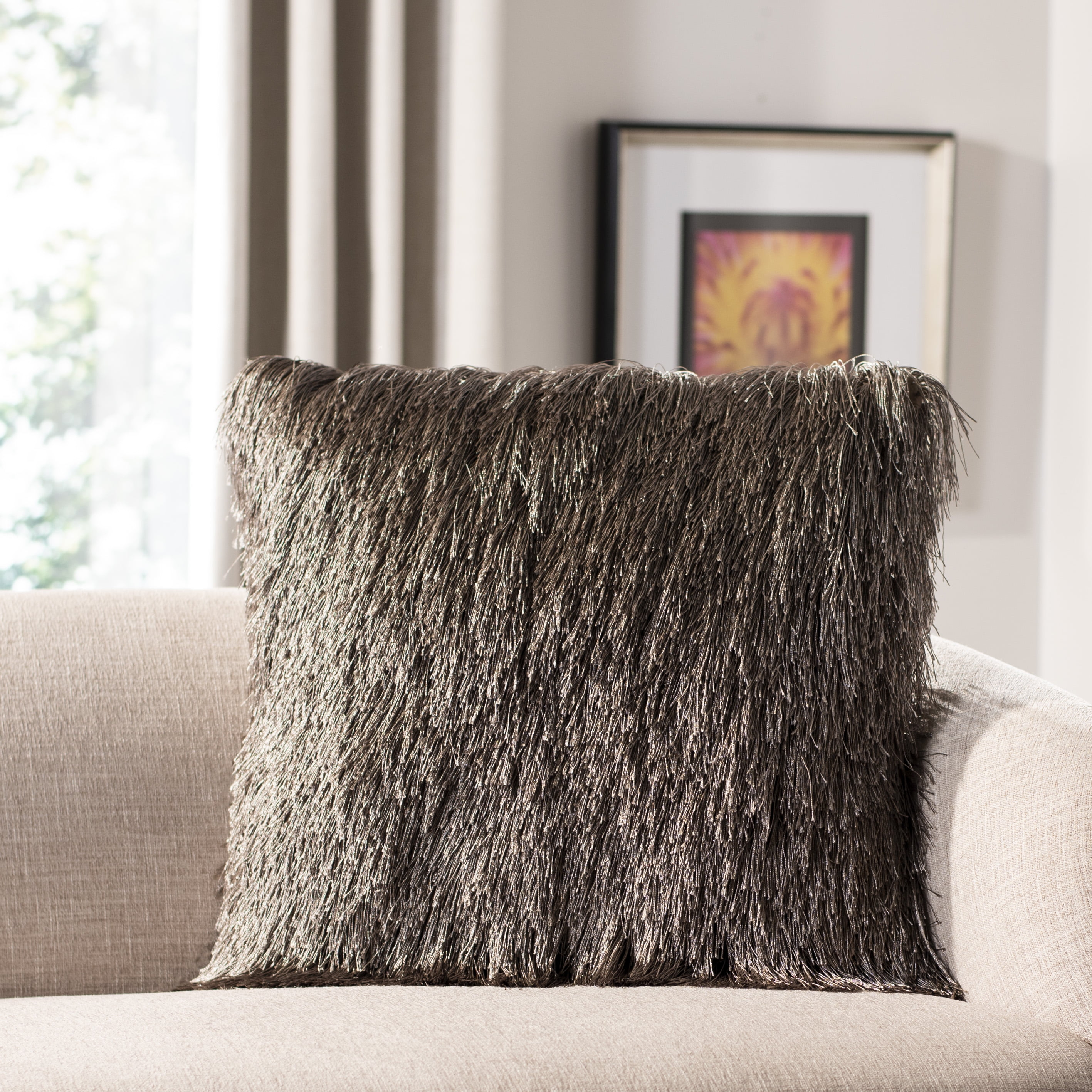 Indoor/Outdoor Shag Pillow - Taupe - 20"X20" - Safavieh