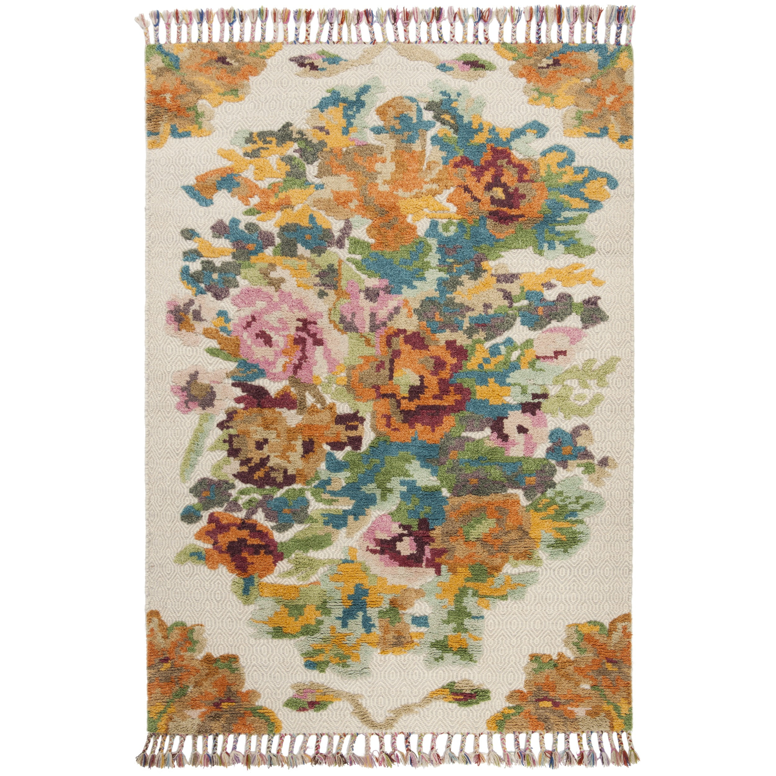 SAFAVIEH Kenya Cybill Floral Braided Fringe Area Rug, Orange/Light Grey, 9' x 12'