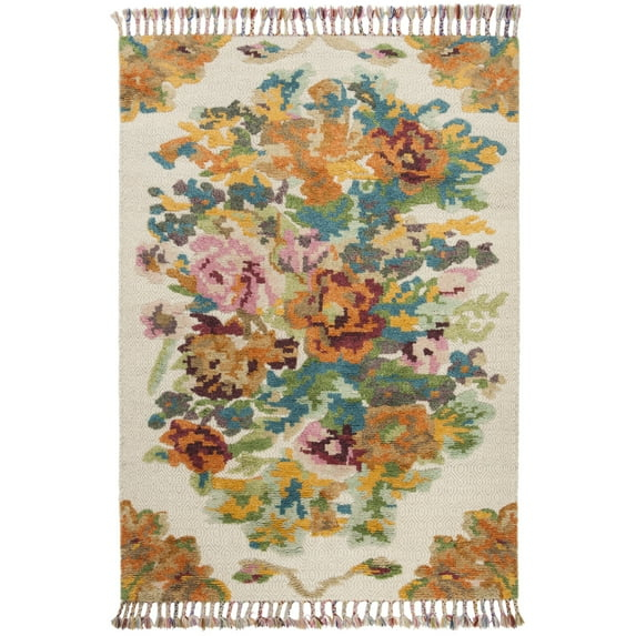 SAFAVIEH Kenya Cybill Floral Braided Fringe Area Rug, Orange/Light Grey, 9' x 12'