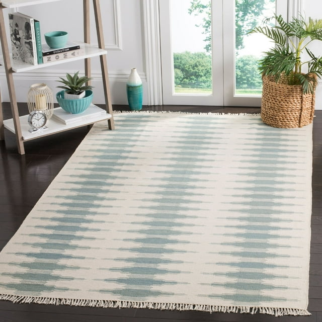 SAFAVIEH Kilim Wynonna Geometric Wool Area Rug, Ivory/Blue, 9' x 12'
