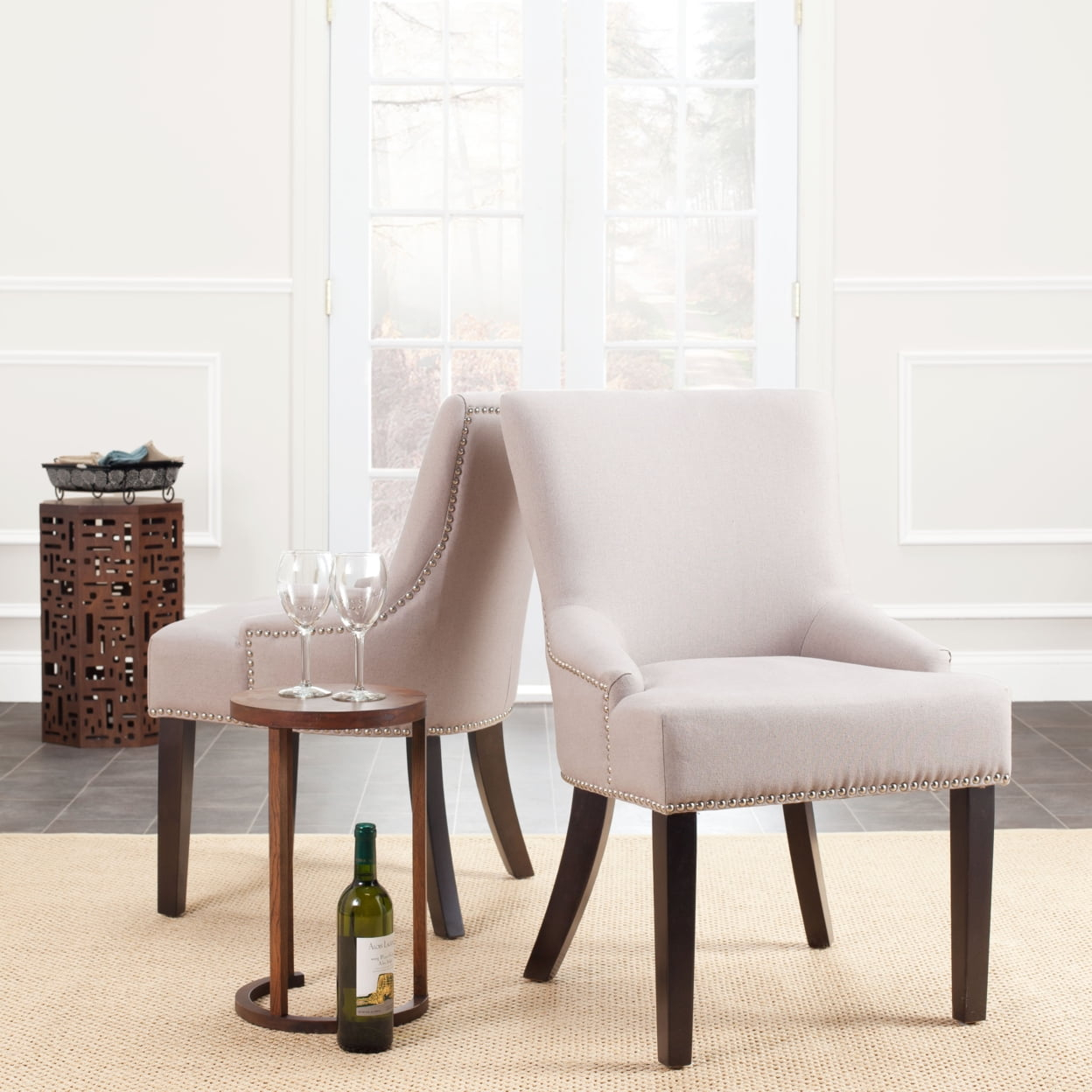 SAFAVIEH Lotus 19''H KD Side Chair Set of 2 Silver Nail Head Taupe / Espresso