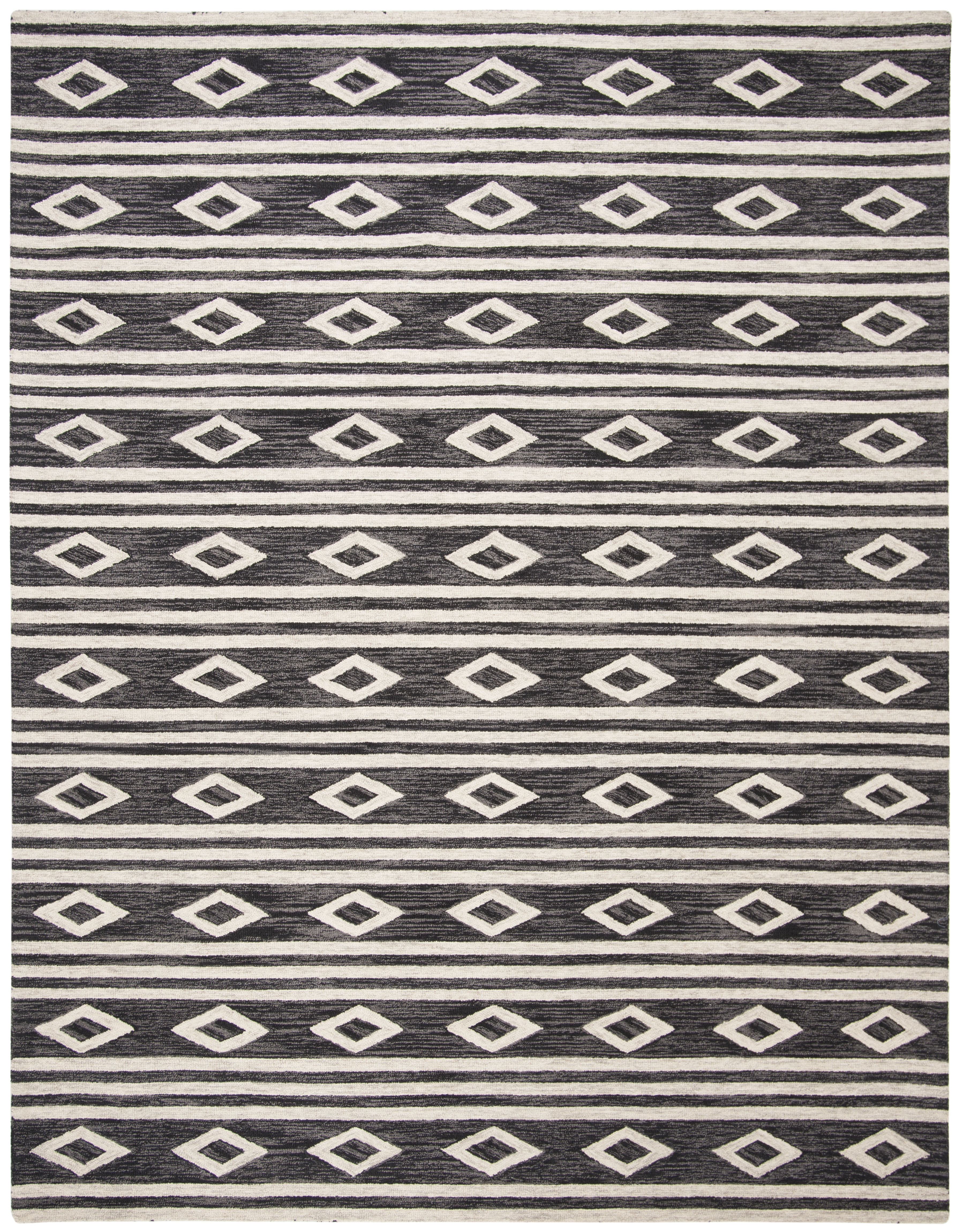 SAFAVIEH Micro-Loop Briony Diamond Striped Wool Area Rug, Charcoal/Ivory, 8' x 10'
