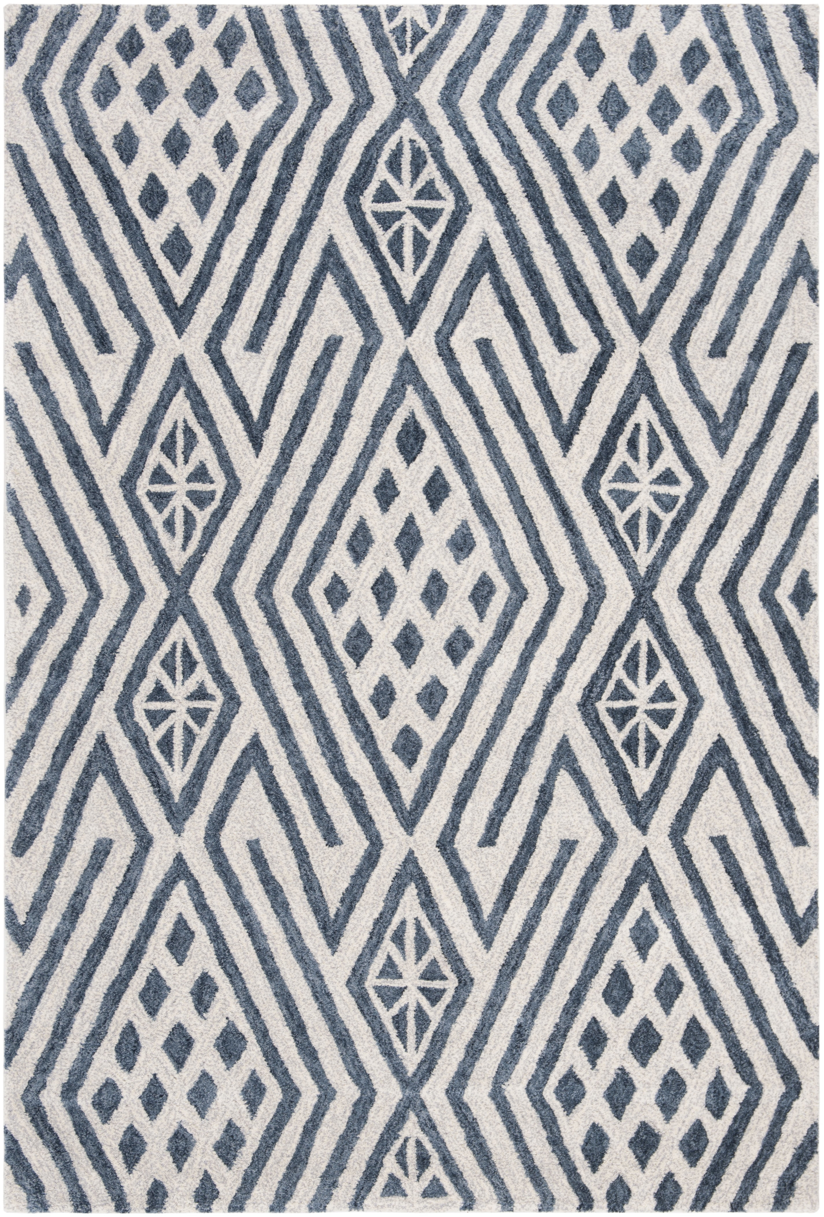SAFAVIEH Micro-Loop Lynwood Geometric Wool Area Rug, Blue/Ivory, 2'6" x 4'