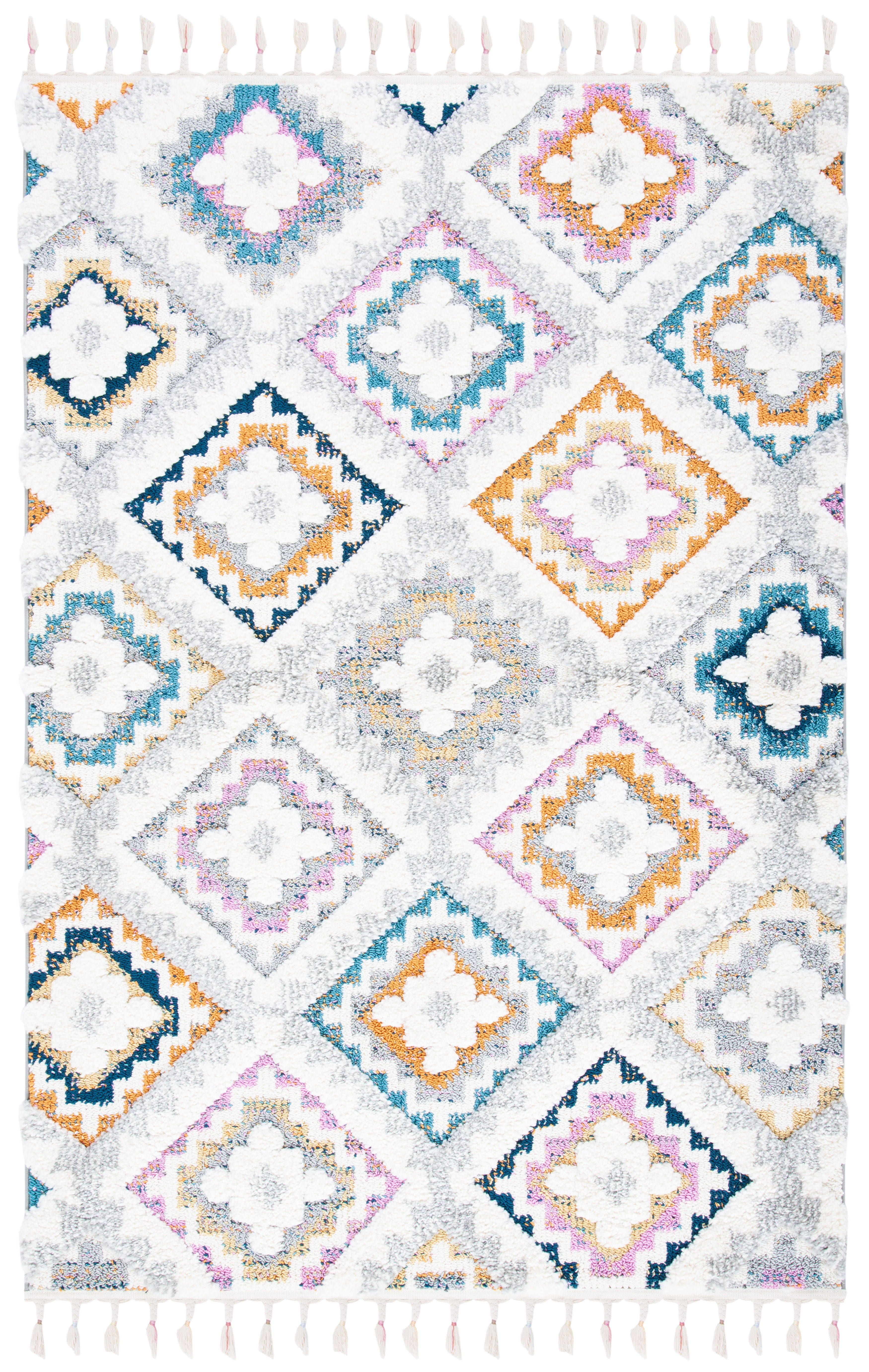 SAFAVIEH Moroccan Fringe Amelia Southwestern Shag Area Rug, Grey/Ivory, 9' x 12'