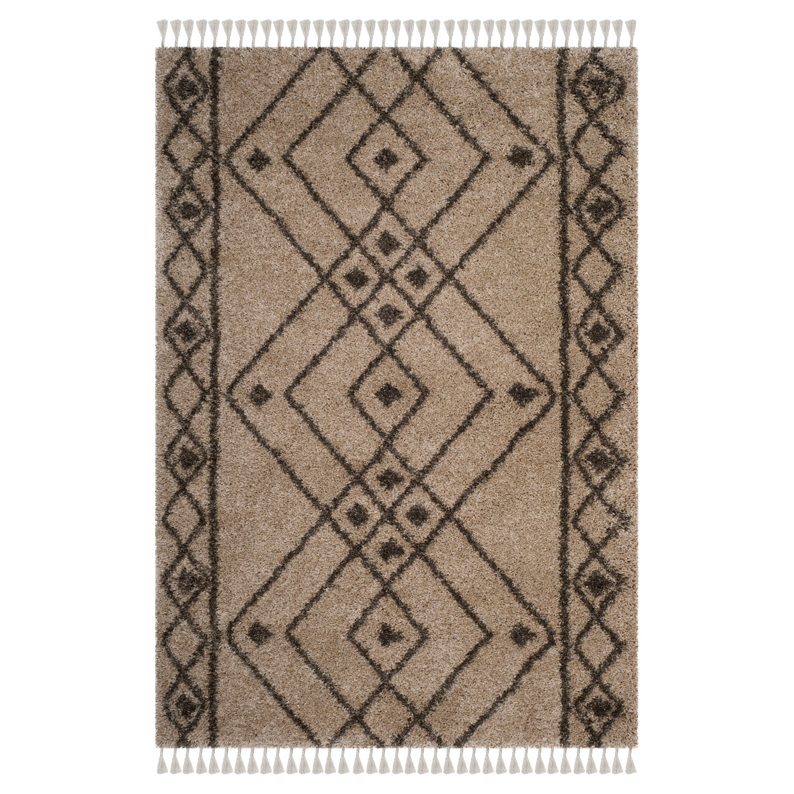 SAFAVIEH Moroccan Fringe Erksine Geometric Shag Area Rug, Mushroom/Grey, 4' x 6'