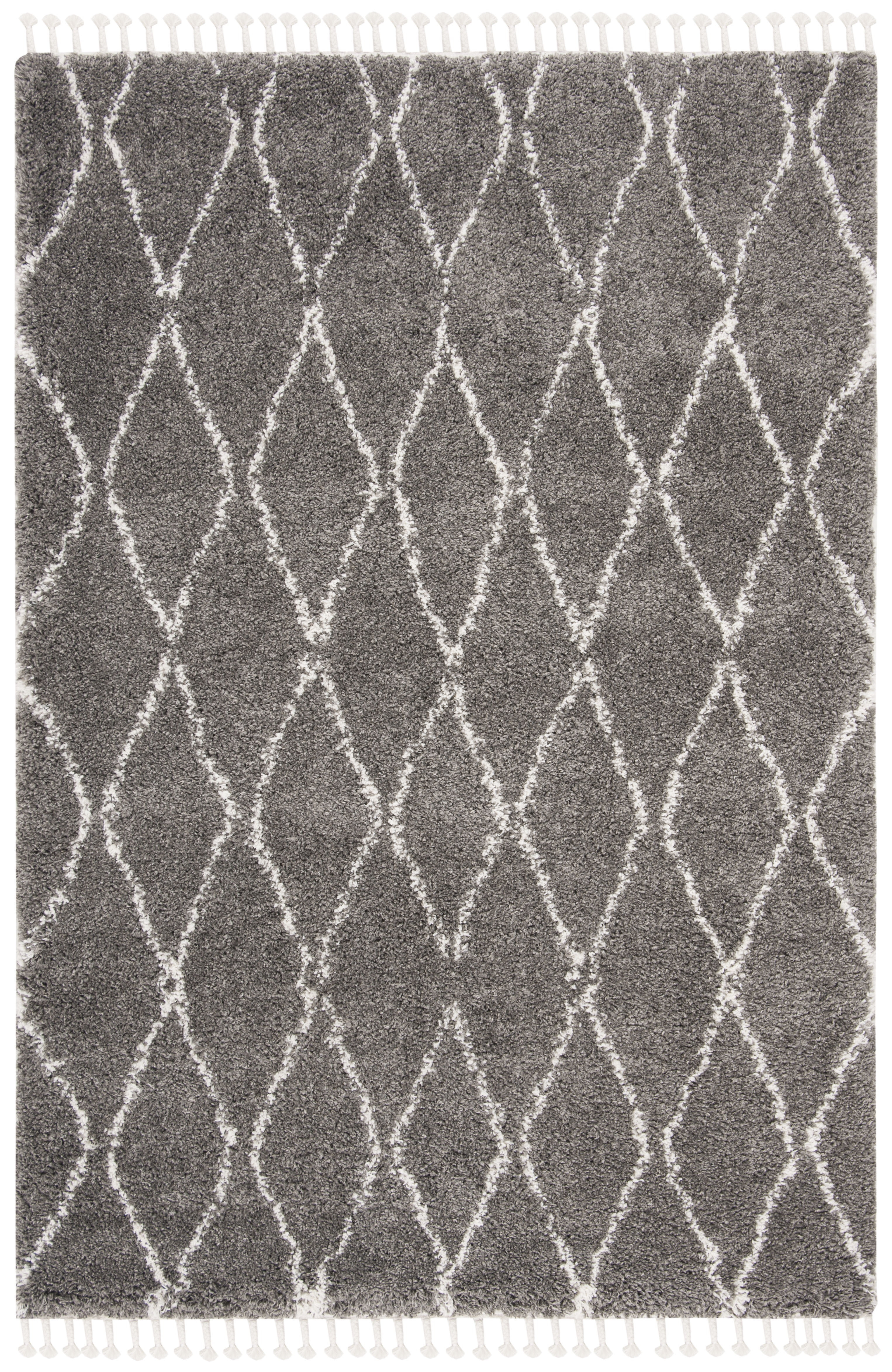 SAFAVIEH Moroccan Fringe Nina Geometric Plush Area Rug, Grey/Ivory, 4' x 6'