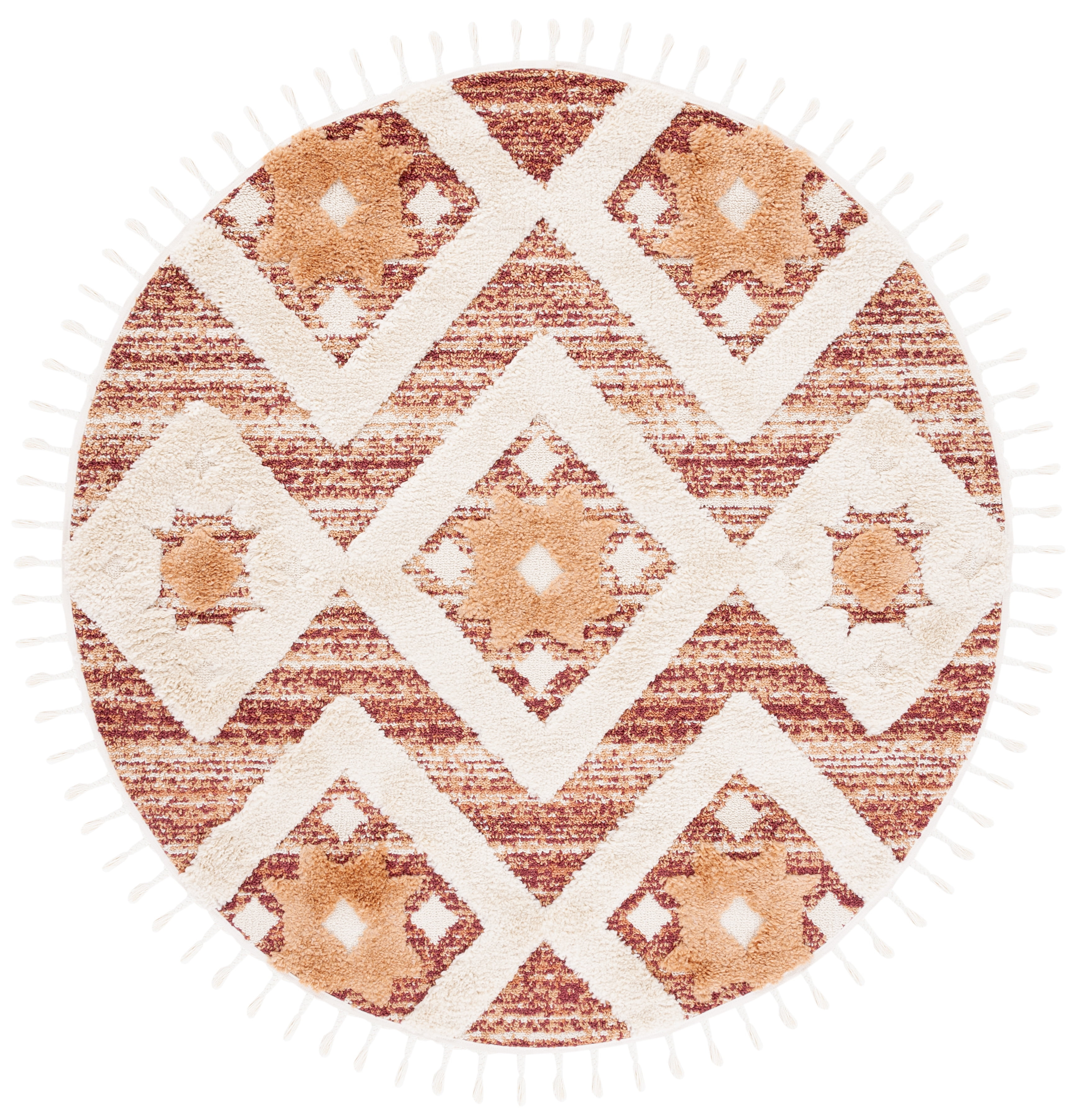 SAFAVIEH Moroccan Tassel Dawson Geometric Shag Area Rug, Rust/Ivory, 5'3" x 5'3" Round