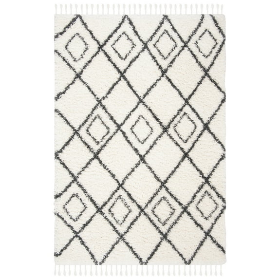 SAFAVIEH Moroccan Tassel Shag Comhgham Geometric Area Rug, Ivory/Dark Grey, 5'3" x 7'6"