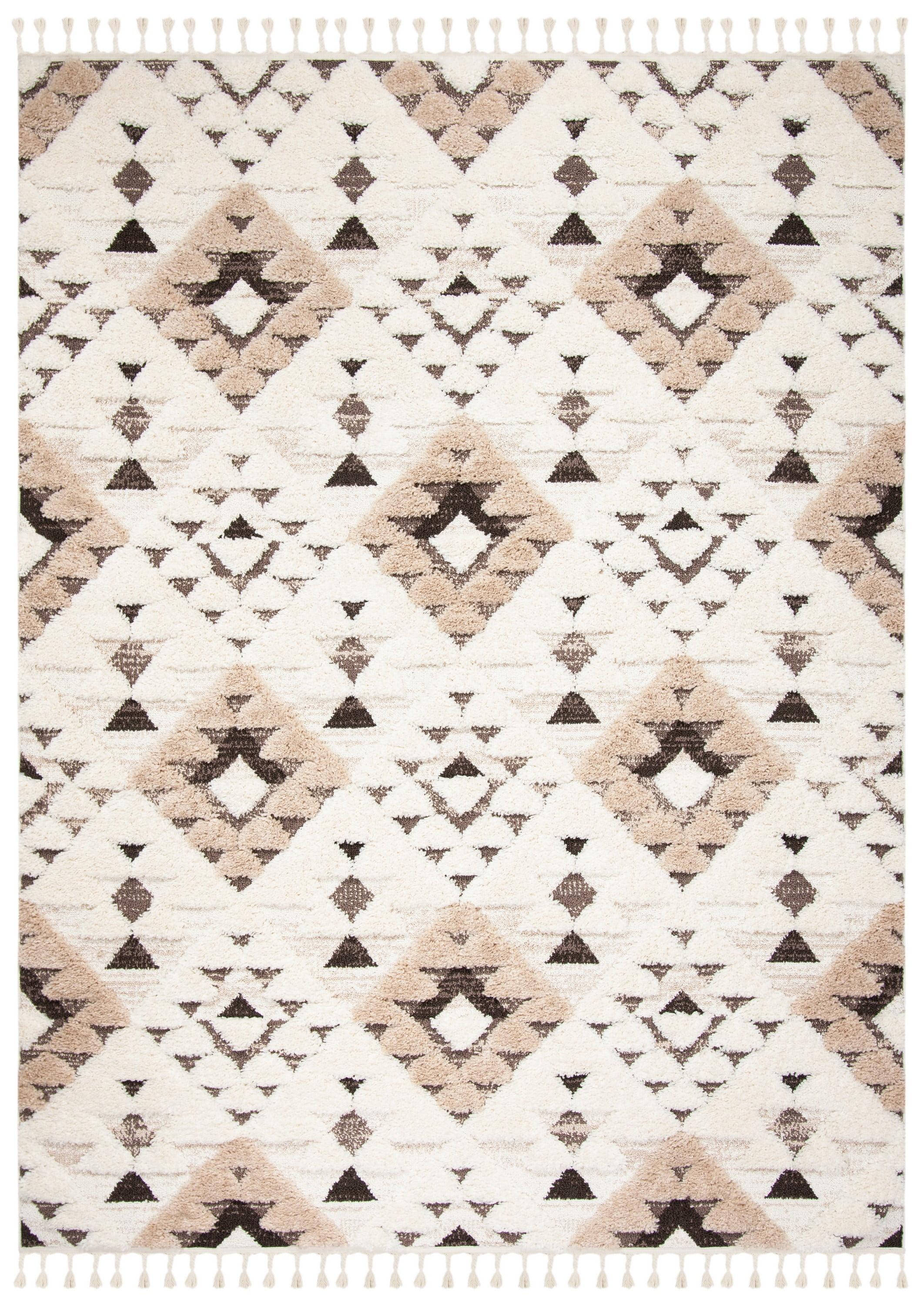 SAFAVIEH Moroccan Tassel Shag Larry Moroccan Geometric Area Rug, Ivory/Brown, 9' x 12'