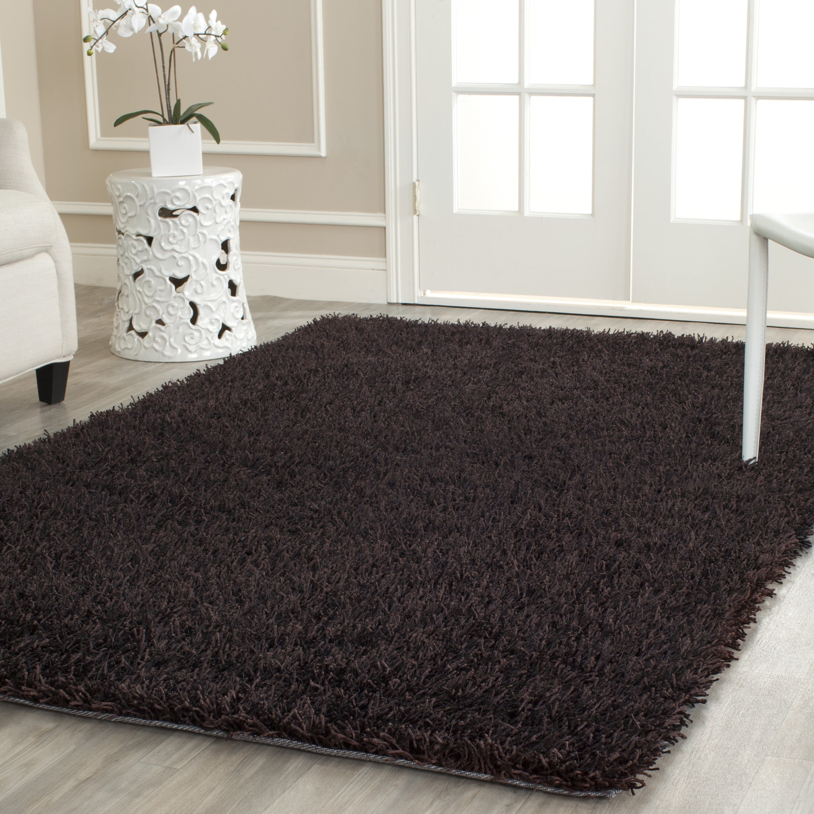 SAFAVIEH New Orleans Darius Solid Polyester Shag Area Rug, Chocolate, 5' x 8'