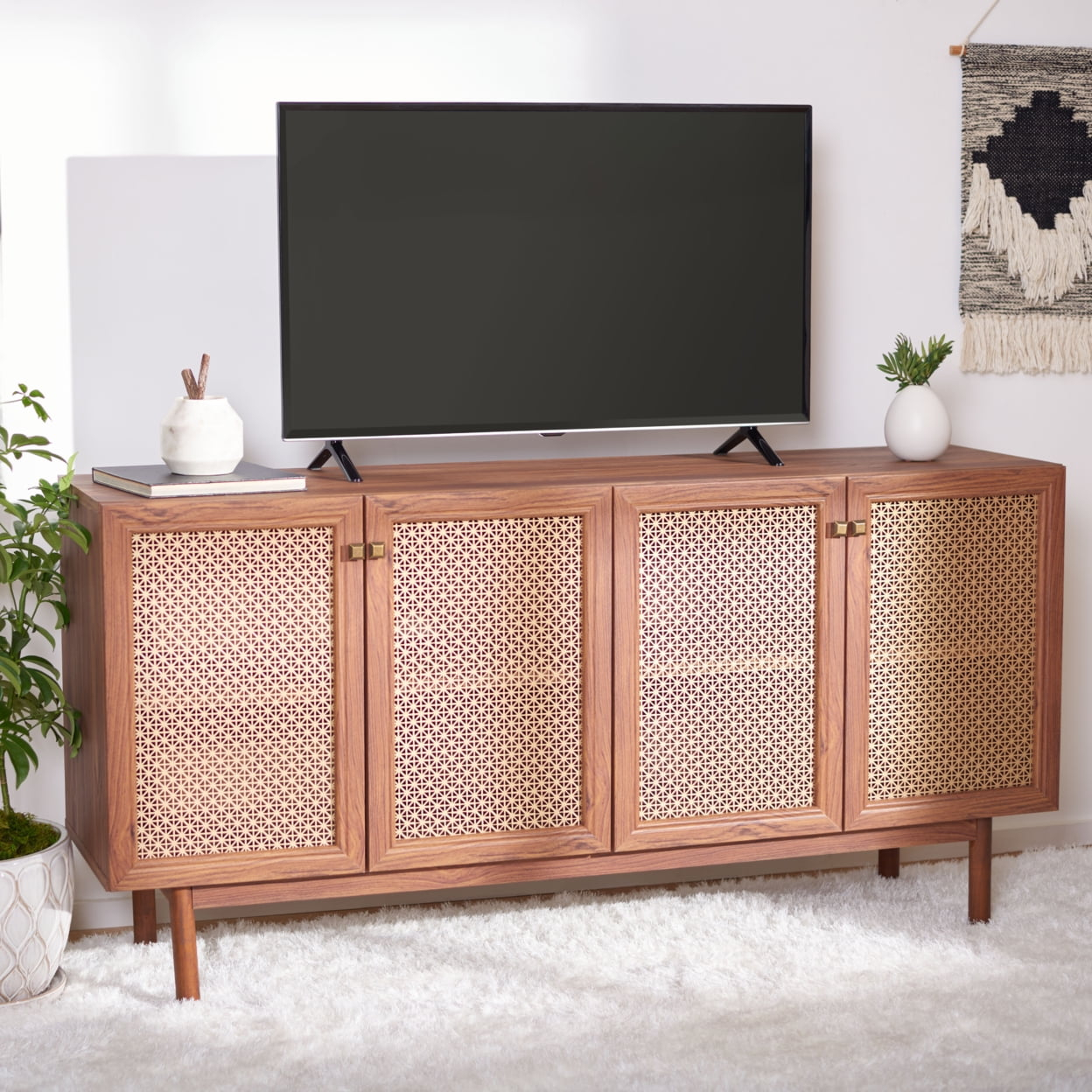 SAFAVIEH Piran 4 Door 2-Shelf Media Stand Walnut /Gold
