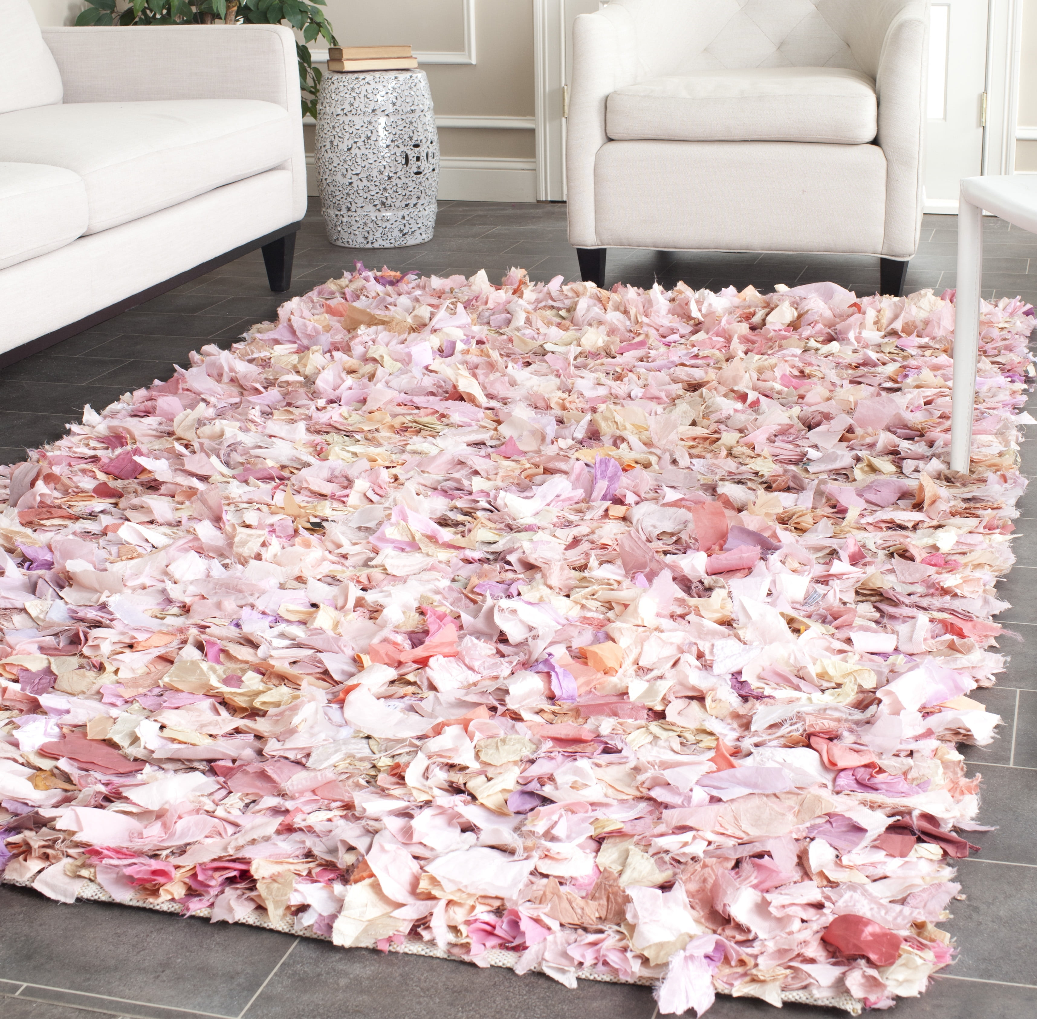 SAFAVIEH Rio Cassandra Confetti Polyester Shag Area Rug, Ivory/Pink, 6' x 6' Square