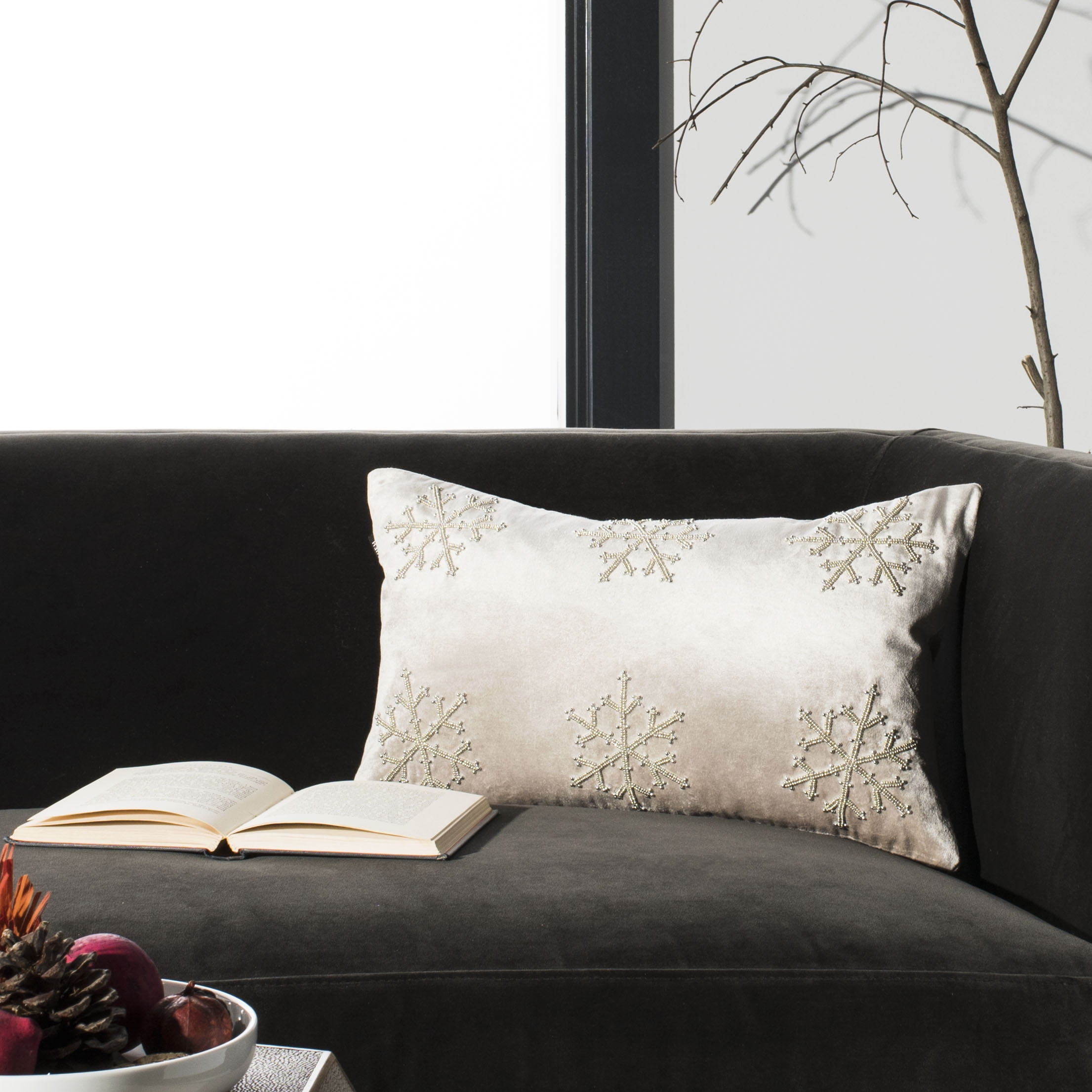 Sydnee Snowflake Pillow - Beige/Silver - 12"X20" - Safavieh