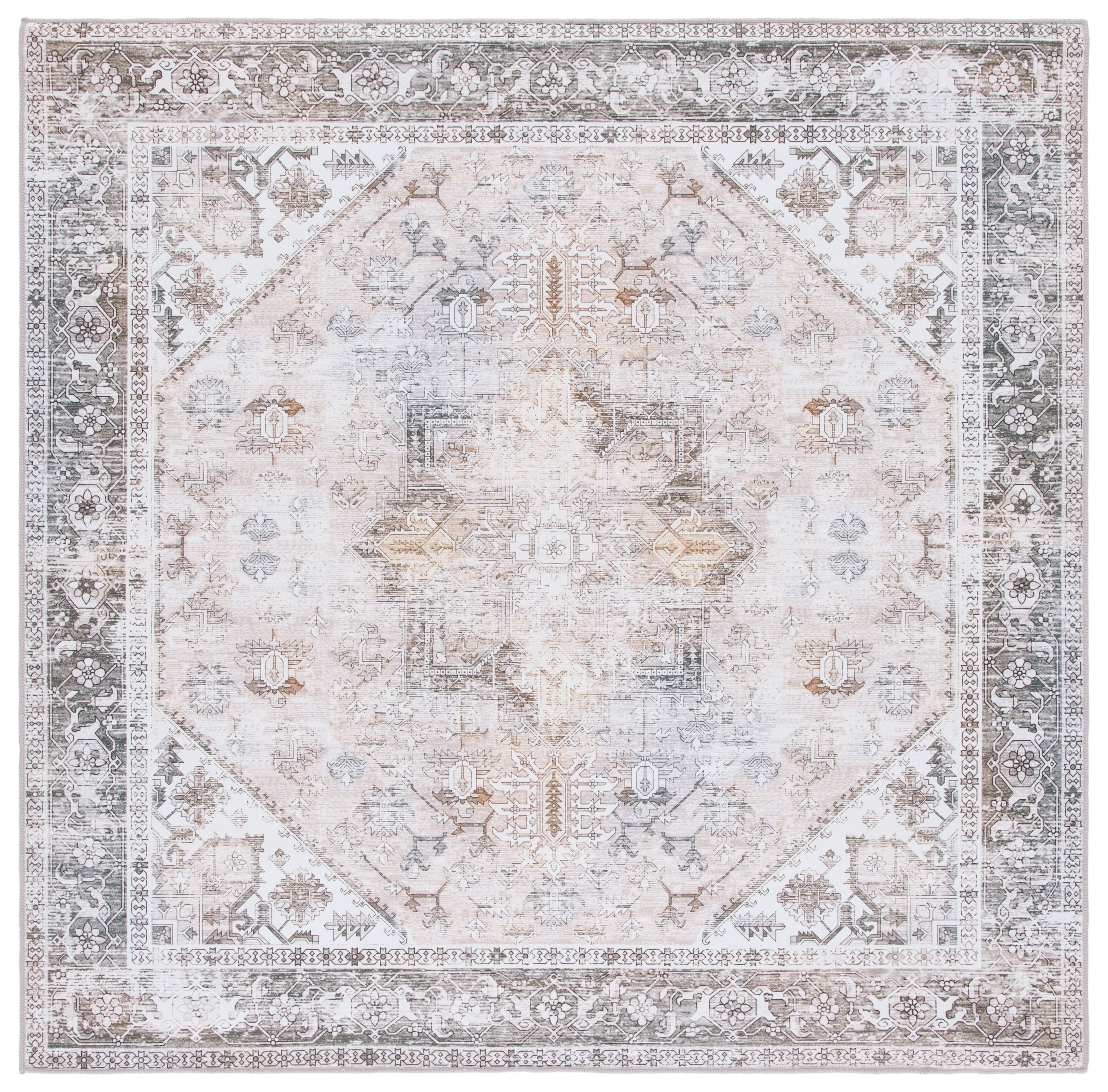 SAFAVIEH Tucson Jayla Traditional Machine Washable Area Rug, Beige/Grey, 8' x 8' Square