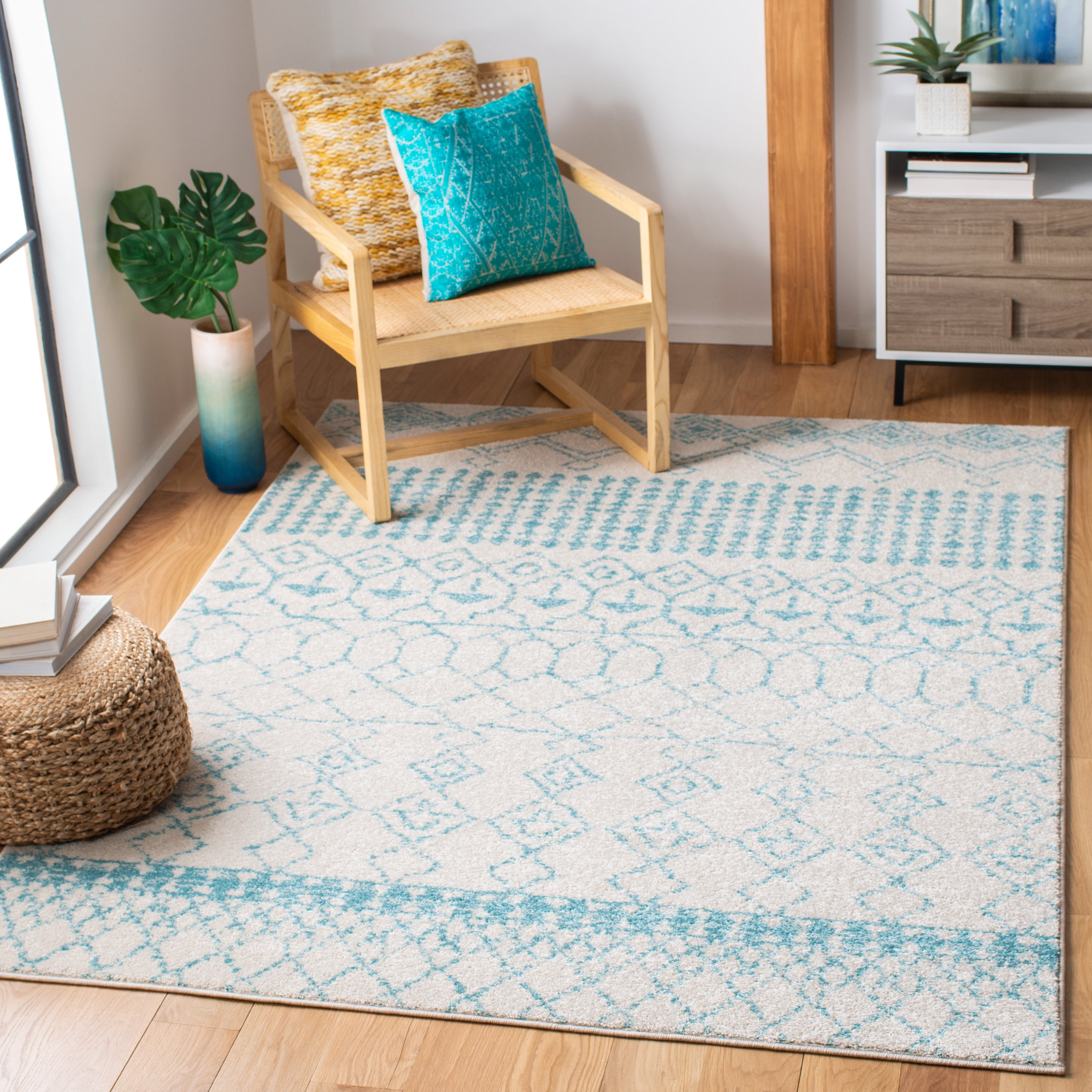 SAFAVIEH Tulum Coriander Moroccan Geometric Area Rug, Ivory/Turquoise, 9' x 12'