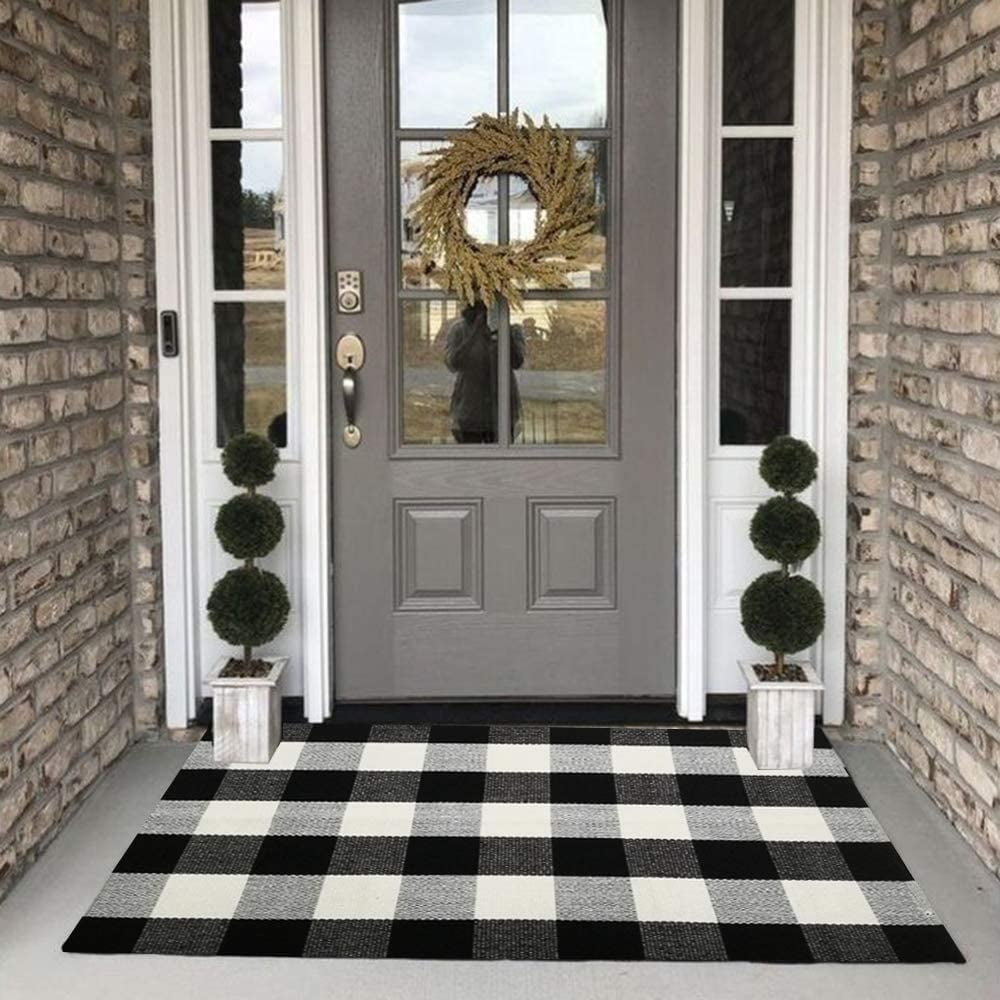 SANMADROLA Buffalo Plaid Check Black and White Cotton Doormat, 27.5'' x 43''