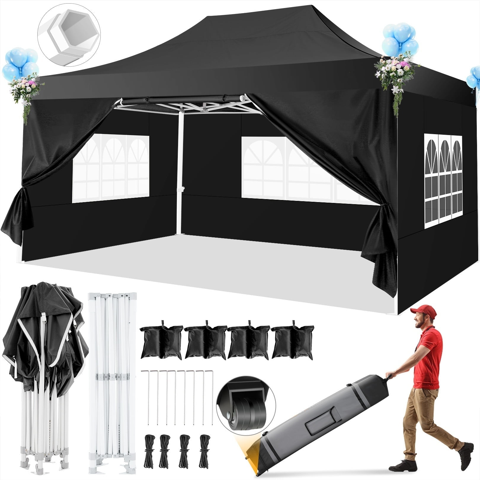 SANOPY 10x15 FT Pop Up Canopy with 4 Sidewall,Heavy Duty Canopy UPF 50+ All Season Wind Waterproof Commercial Outdoor Wedding Party Tents for Parties Canopy Gazebo with Carry Bag(Black)