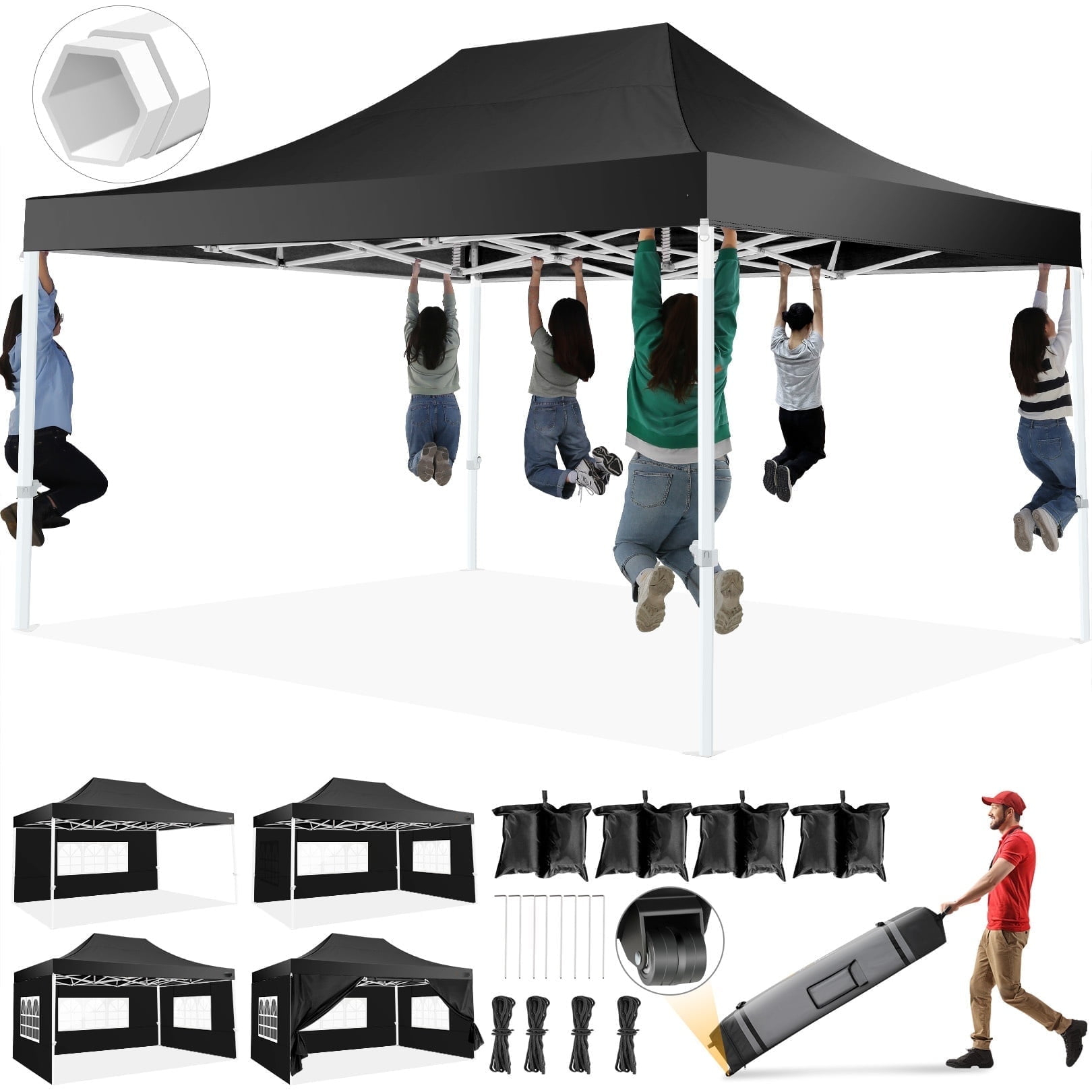 SANOPY 10' x 15' Pop up Canopy with 4 Removable Sidewalls, Heavy Duty Canopy with Upgraded Hexagonal Bracket, Instant Commercial Tent for Party, Portable Gazebo with Sangbags, Roller Bag, Black