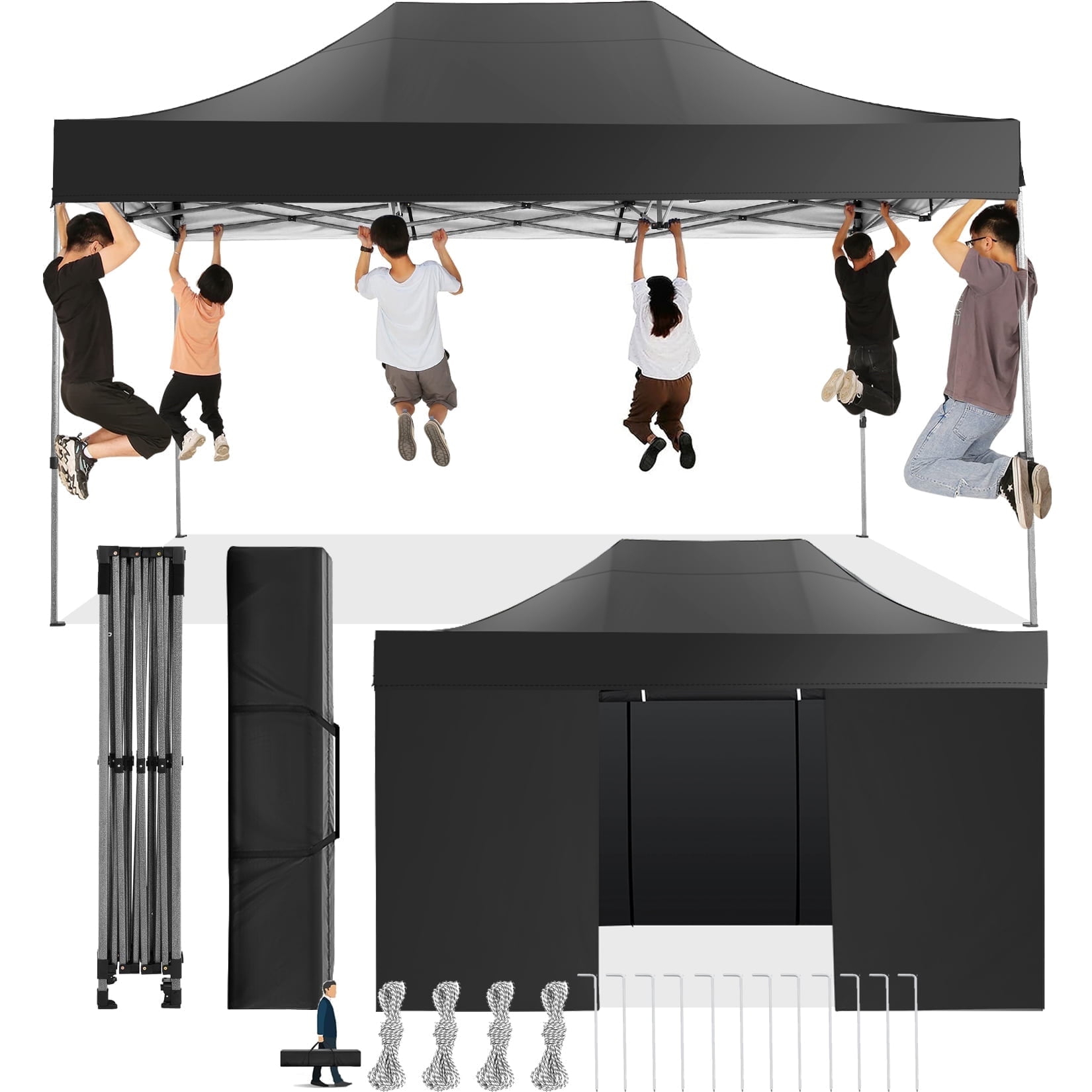 SANOPY 10' x 15' Pop up Canopy with 4 Removable Sidewalls, Heavy Duty Canopy with Upgraded Hexagonal Bracket, Instant Commercial Tent for Party, Portable Gazebo with Sangbags, Roller Bag, Black