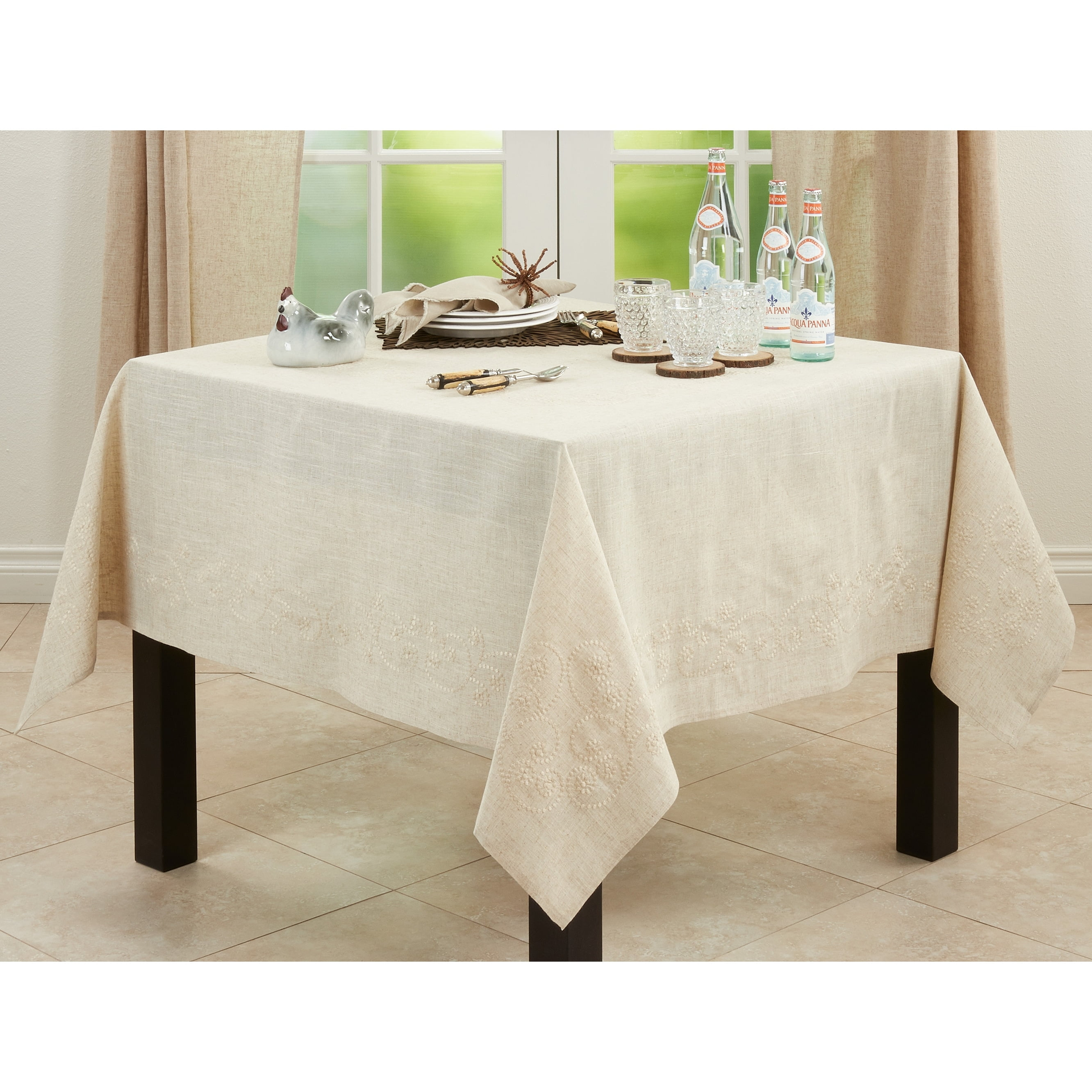 Saro Lifestyle Embroidered Swirl Natural Linen Blend Tablecloth, Natural, 67"x67",