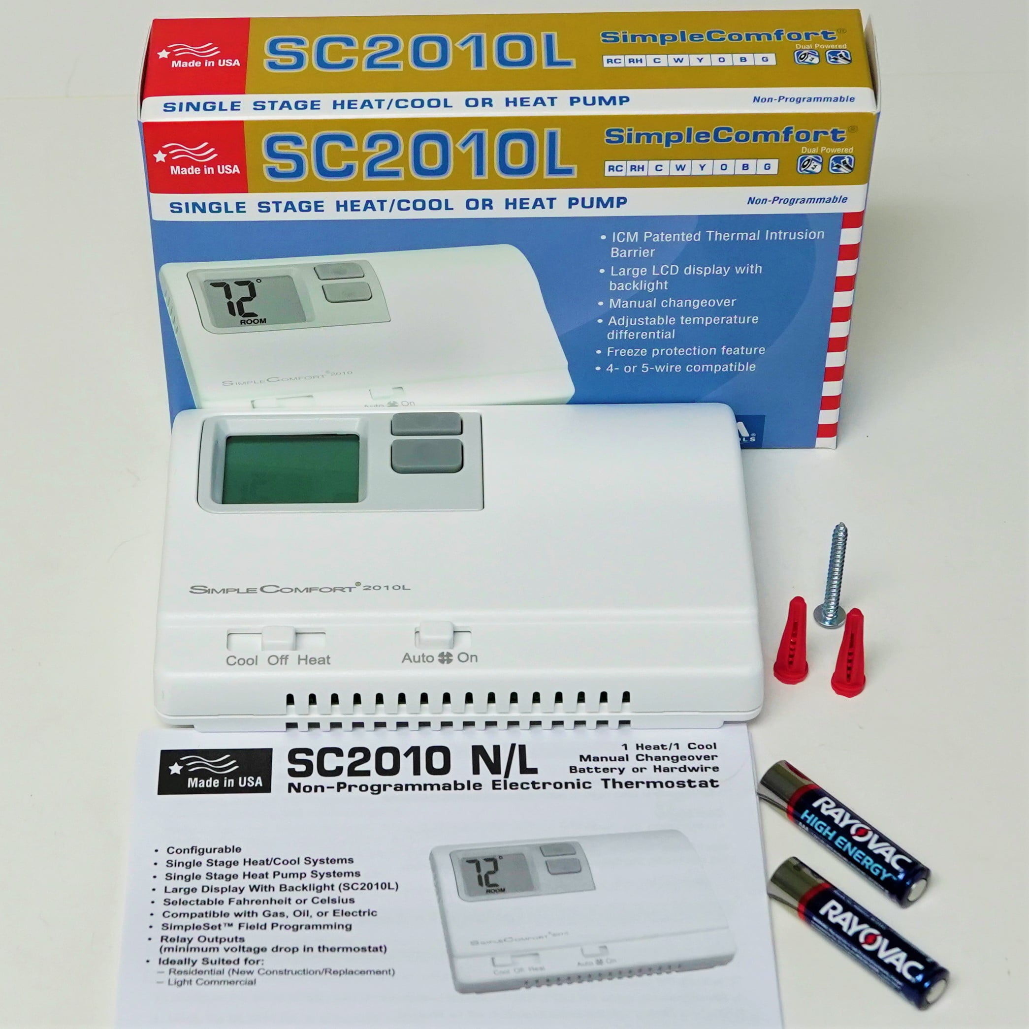 SC2010L Thermostat, 1-Stage Heat/Cool or Heat Pump, Backlit, Dual Power,Multicolor