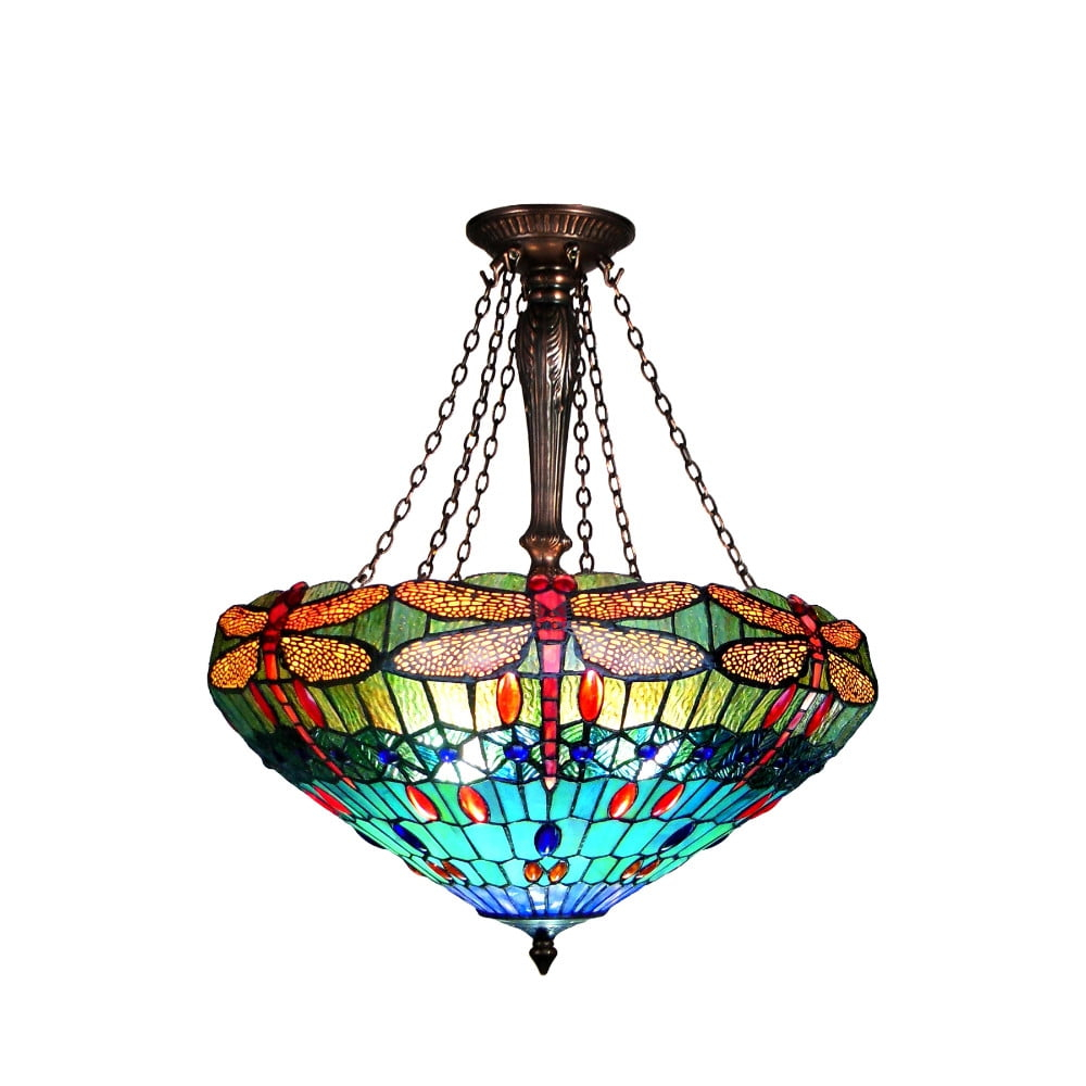 Chloe Lighting Scarlet Tiffany-Style 3 Light Dragonfly Inverted Ceiling Pendant 24`` Shade