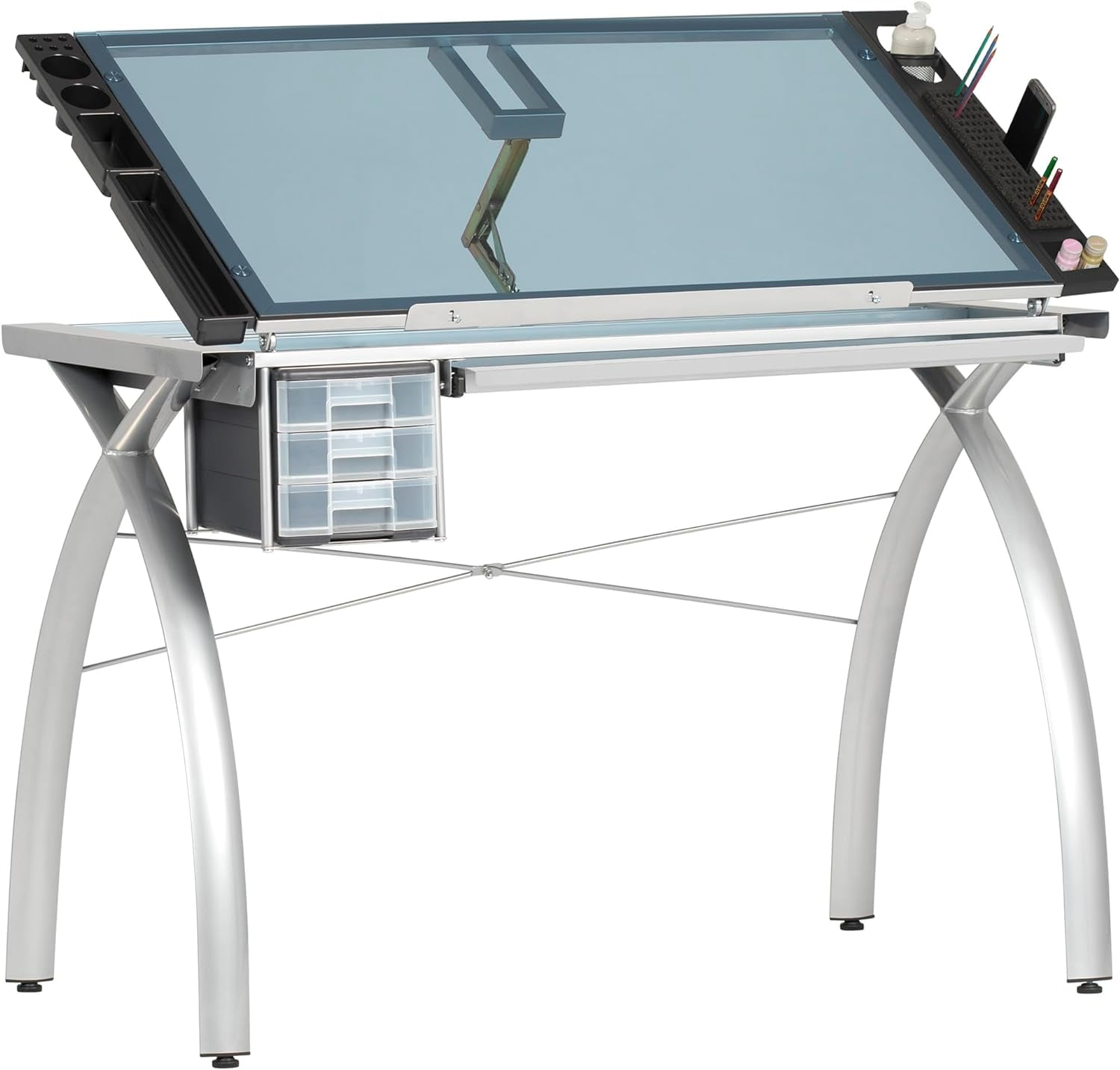 Studio Designs Futura Crafting, Drafting, Drawing Table with Adjustable Top, Silver/Blue Glass- Height 31.50 in.