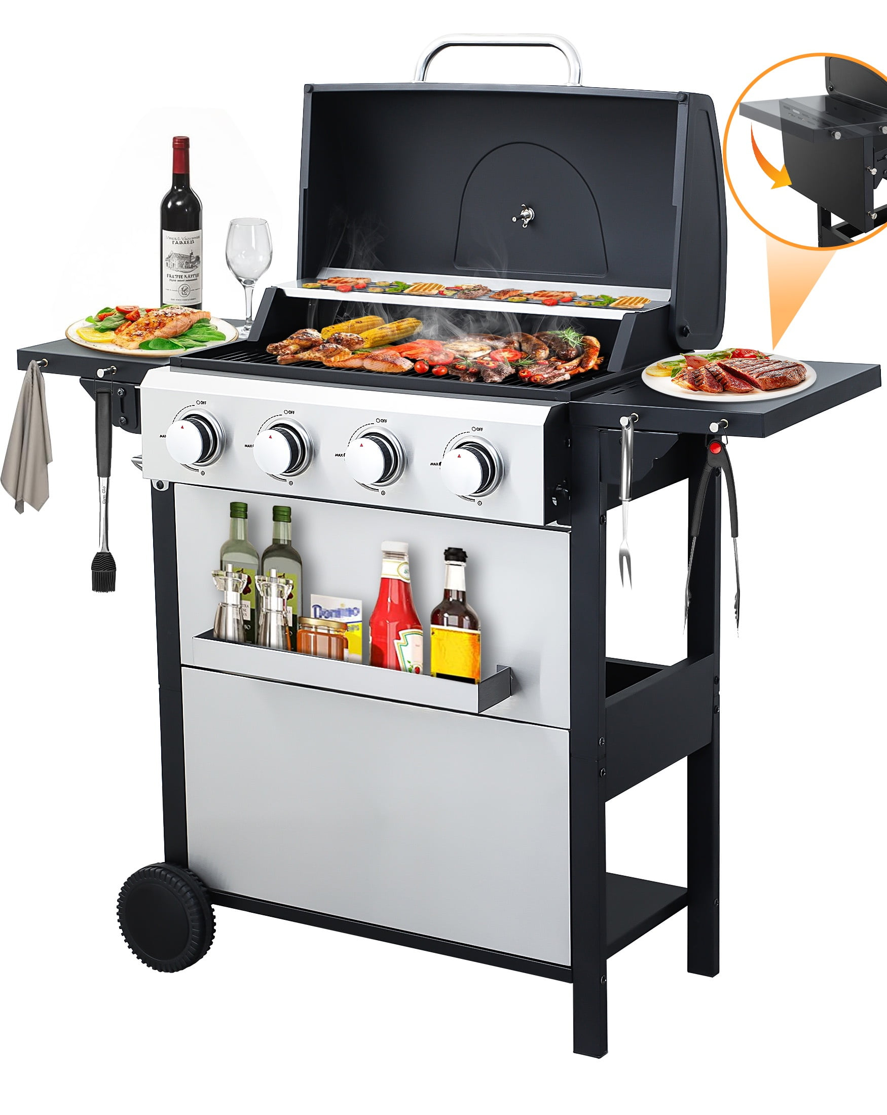 SEGMART 4 Burner BBQ Propane Gas Grill, Stainless Steel 40,000 BTU Patio Garden Barbecue Grill with Folding Side Tables, Cleaning Brush & Thermometer, Perfect for Camping, Outdoor Cooking