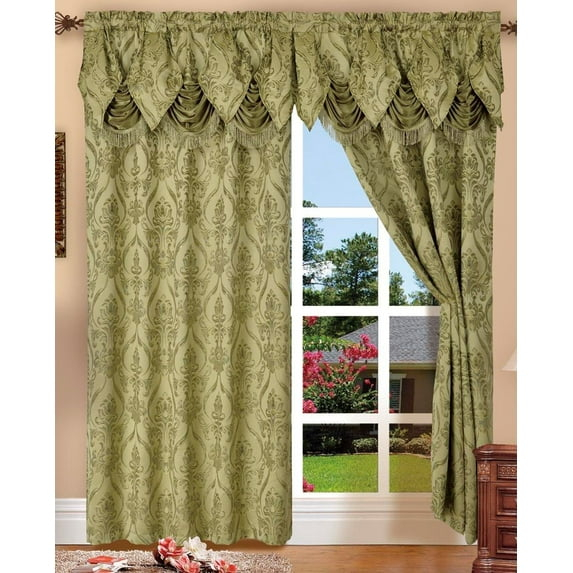 Luxury Home Textile Green Damask Rod Pocket Light Filtering Kitchen Curtains, 54” x 84” (2 Panels)
