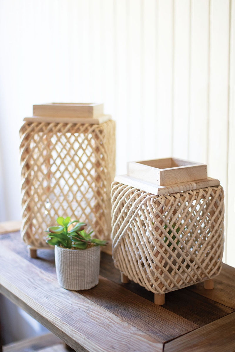 SET OF TWO WOVEN ROPE AND WOOD LANTERNS WITH GLASS INSERT