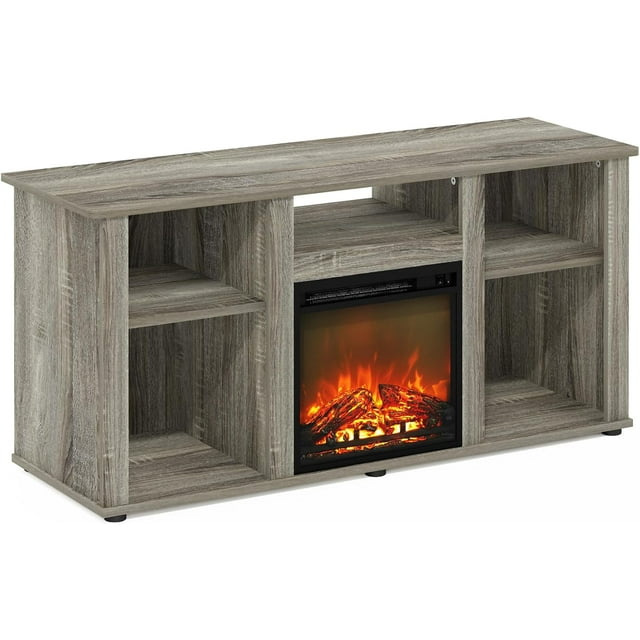 Furinno Jensen Fireplace TV Entertainment Center with Open Storage Compartment for TV up to 55 Inch, French Oak Grey