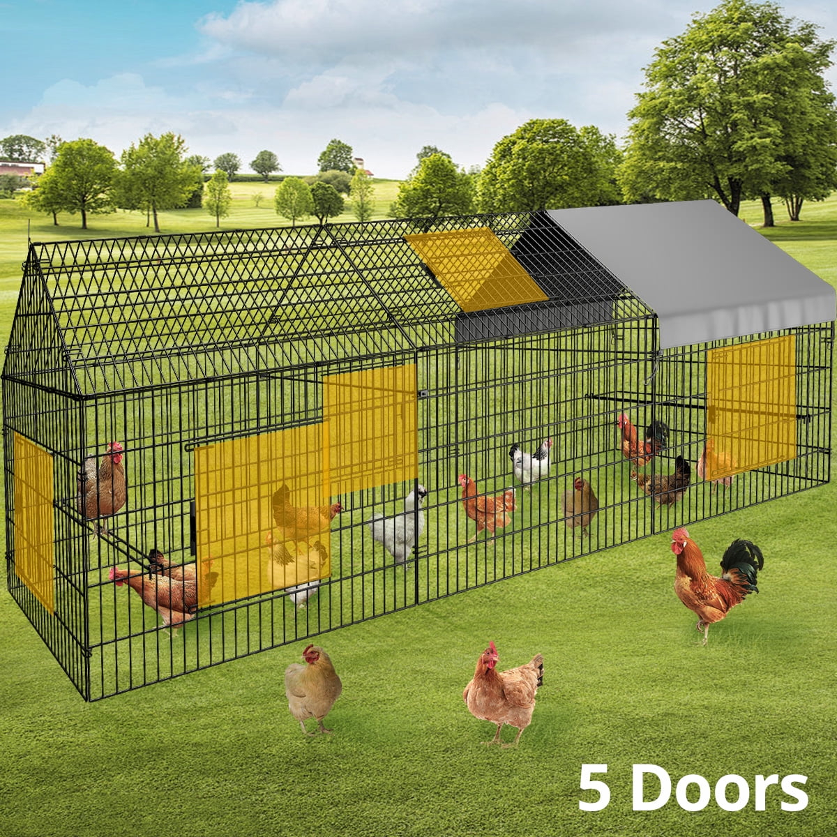 SINGES Large Metal Chicken Coop, 130''x40'' Chicken Cage Hen House with Waterproof Cover