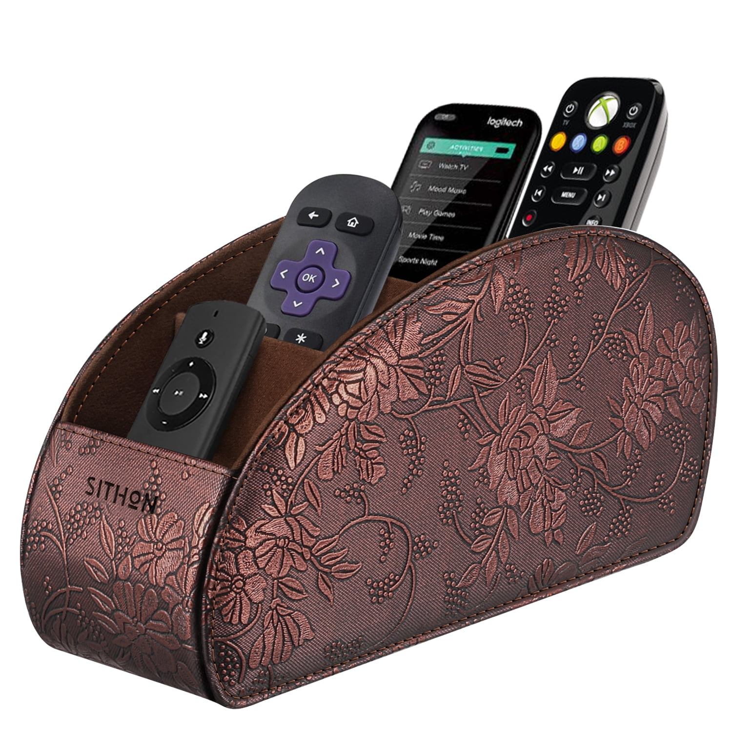 SITHON Remote Control Holder with 5 Compartments - PU Leather Remote Caddy Desktop Organizer, Brown