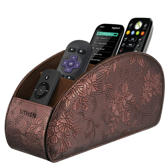 SITHON Remote Control Holder with 5 Compartments - PU Leather Remote Caddy Desktop Organizer, Brown