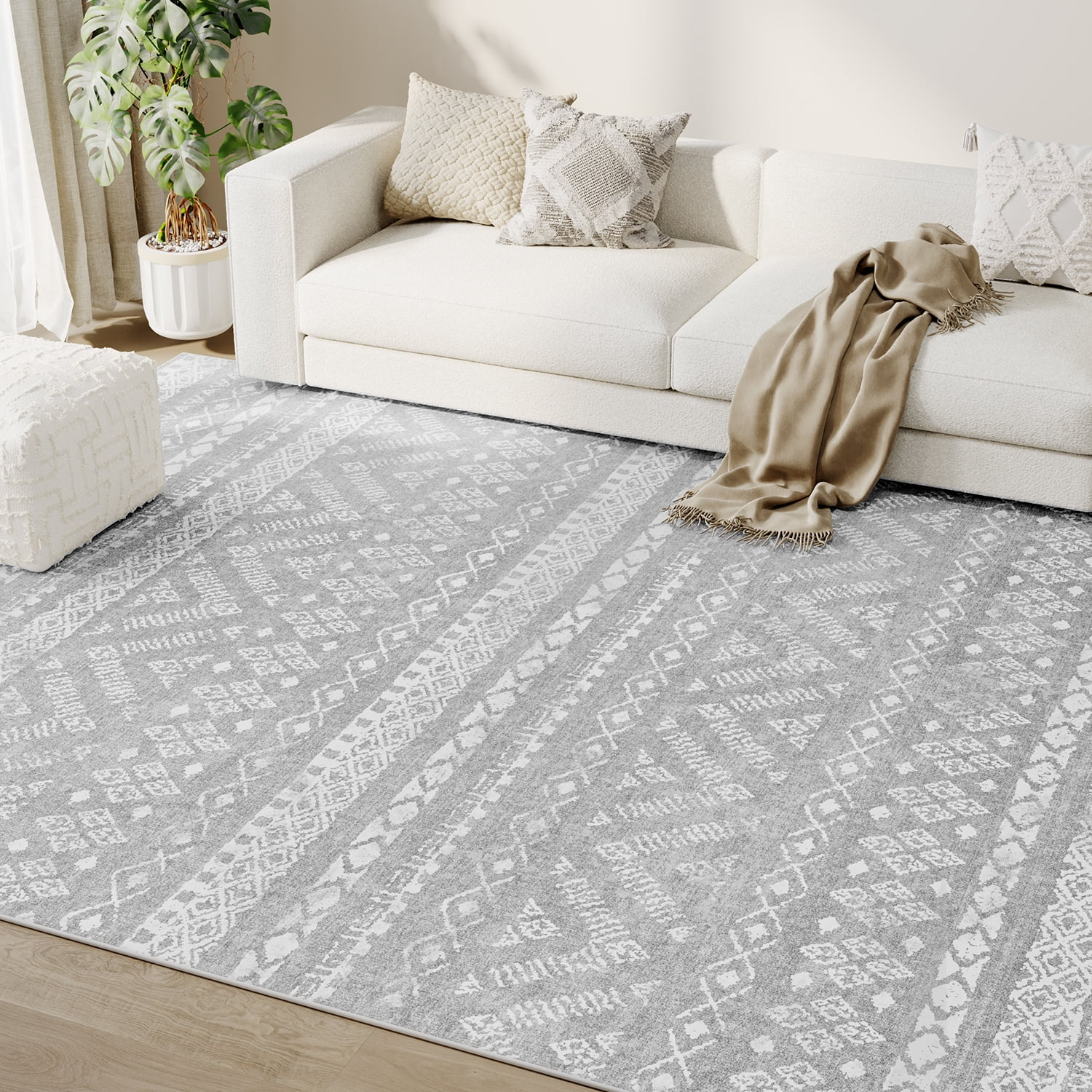 5'x7' Area Rugs for Living Room Machine Washable Rug Boho Geometric Indoor Area Rug Neutral Moroccan Style Ultra Soft Foldable Non-Slip Bedroom Rug Dining Room Office Modern Carpet Grey