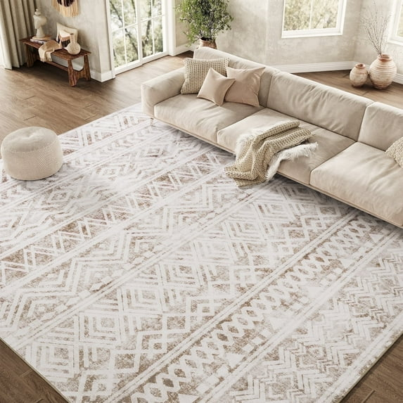 FairOnly 9'x12' Brown White Area Rugs Machine Washable Vintage Rugs for Bathroom Geometric Moroccan Ultra-Thin Area Rugs for Family Room Living Room Carpet