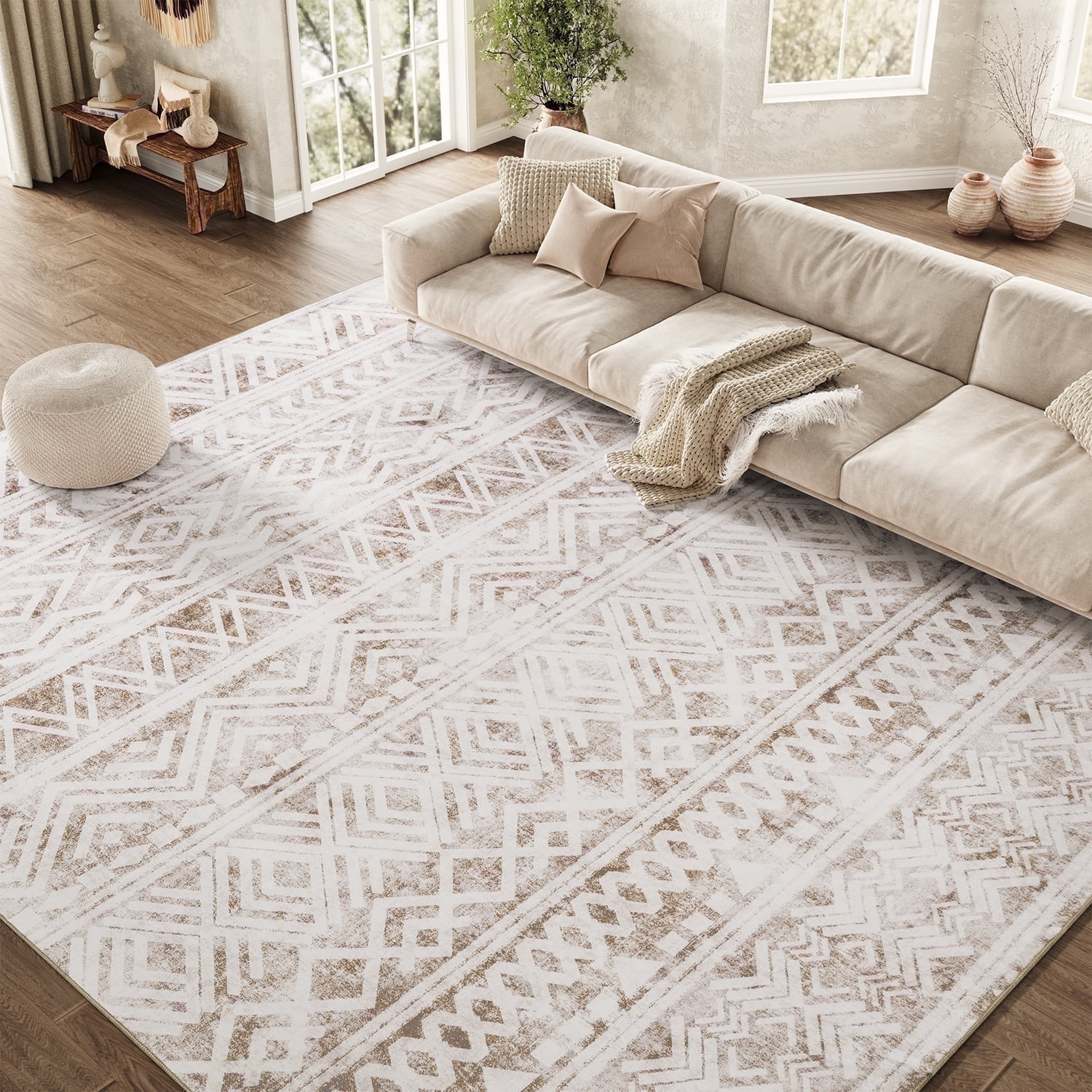 FairOnly 9'x12' Brown White Area Rugs Machine Washable Vintage Rugs for Bathroom Geometric Moroccan Ultra-Thin Area Rugs for Family Room Living Room Carpet