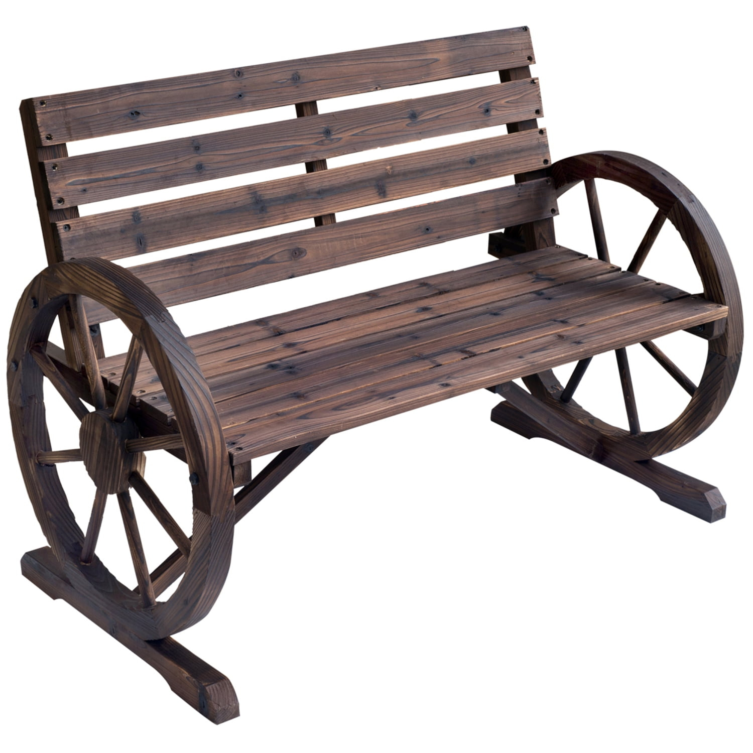 ZWNLKQG Wooden Wagon Wheel Bench  Rustic Outdoor Patio   2-Person Seat Bench for Backyard  Patio  Garden  41.5" x 23.25" x 29.5"  Brown