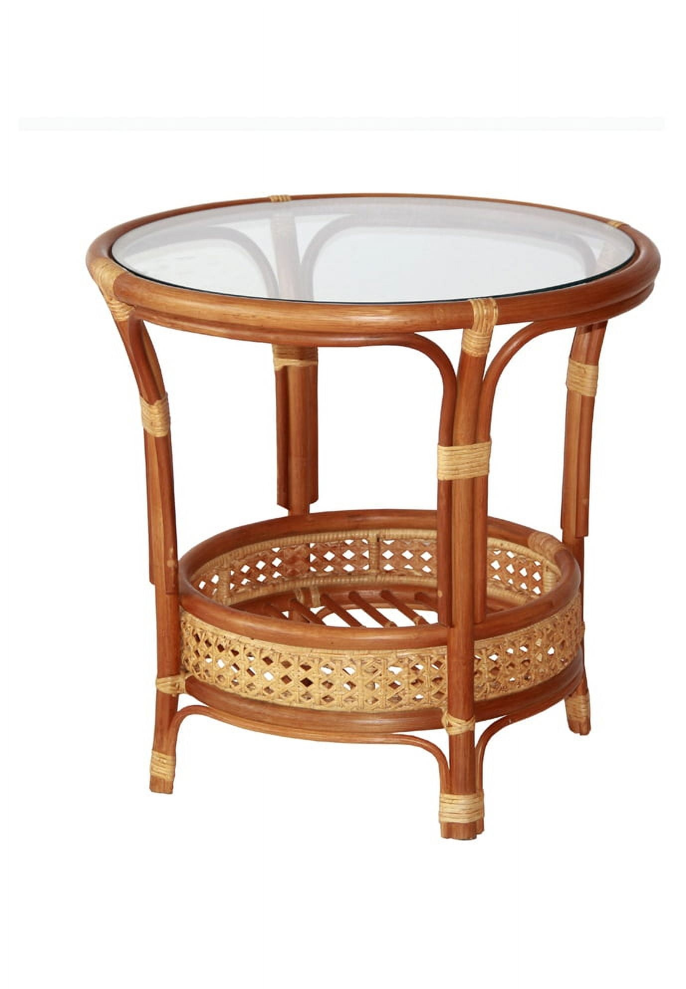 SK New Interiors Pelangi Coffee Round Table Natural Rattan Wicker with Glass Top Handmade, Colonial