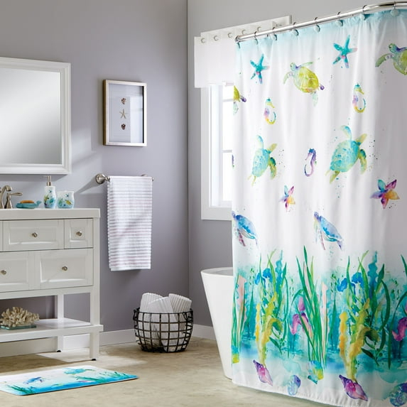 SKL Home Watercolor Ocean Fabric Shower Curtain, Multicolor, 70" x 72"