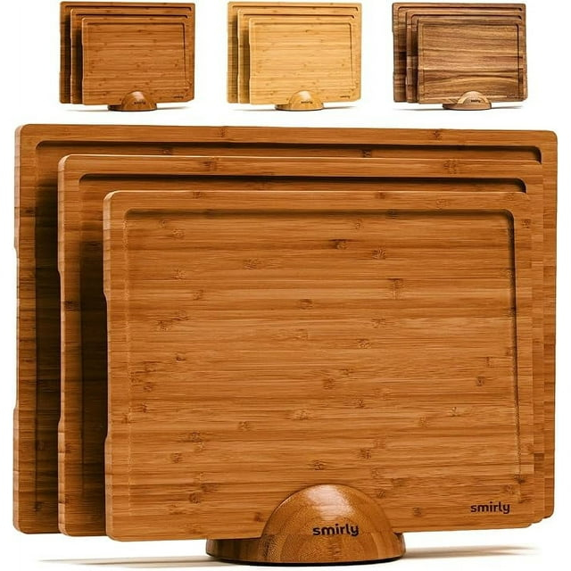 SMIRLY Cutting Board Set Small, Medium & Large Bamboo Cutting Boards with Holder, Brown