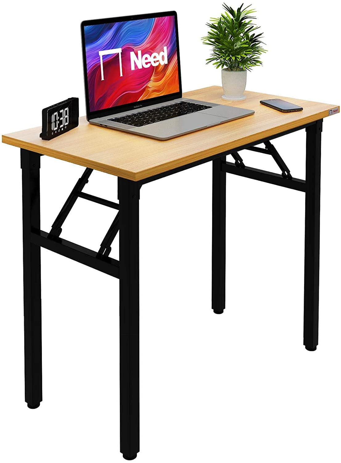 SOGES 31.5 inches Folding Desk No Assembly Sturdy Small Writing Desk for Small Spaces, Teak & Black